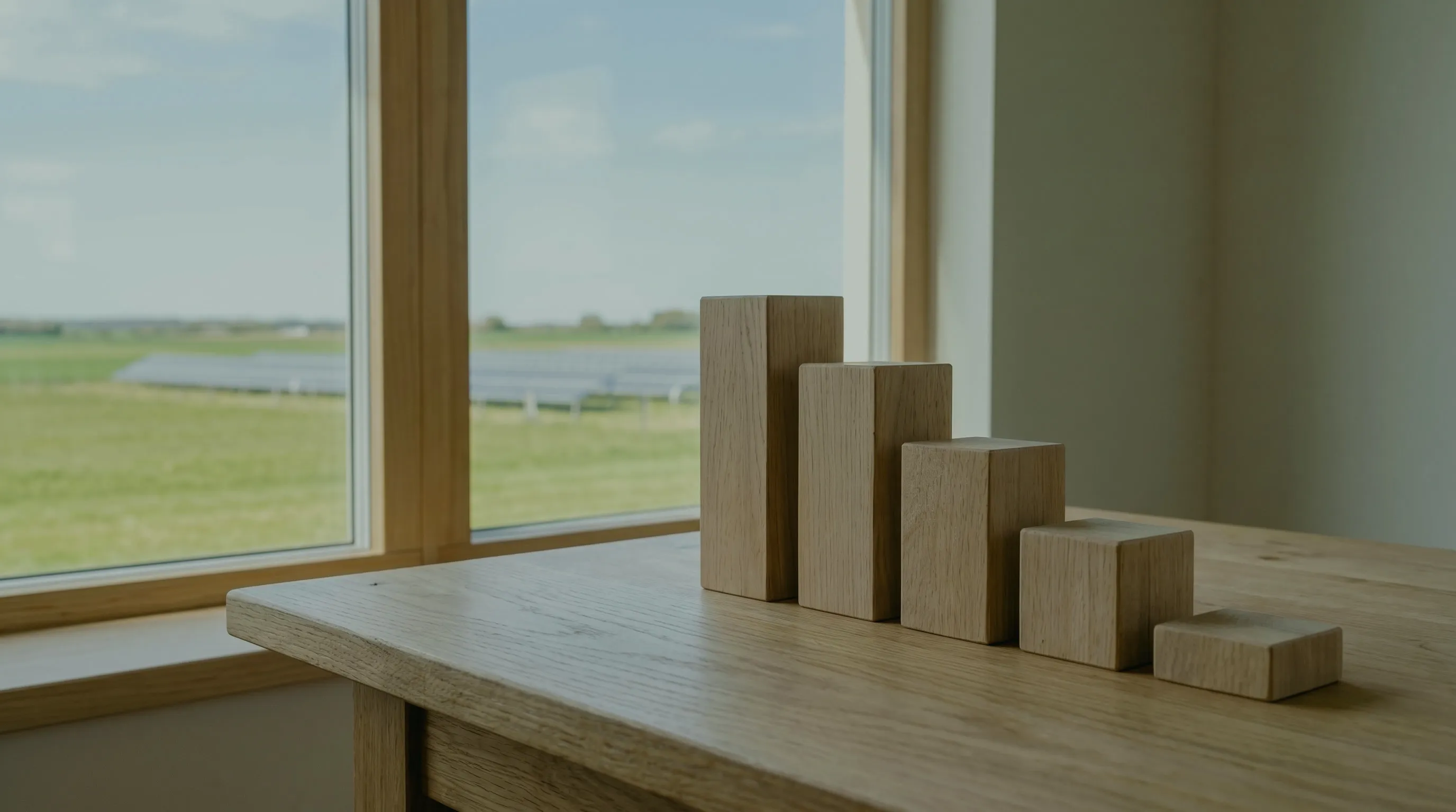 IAB und Sonderabschreibung kombinieren: fünf Holzklötze, die wie eine Treppe von hoch nach flach abfallen, auf einem Tisch am Fenster, draußen eine Solaranlage