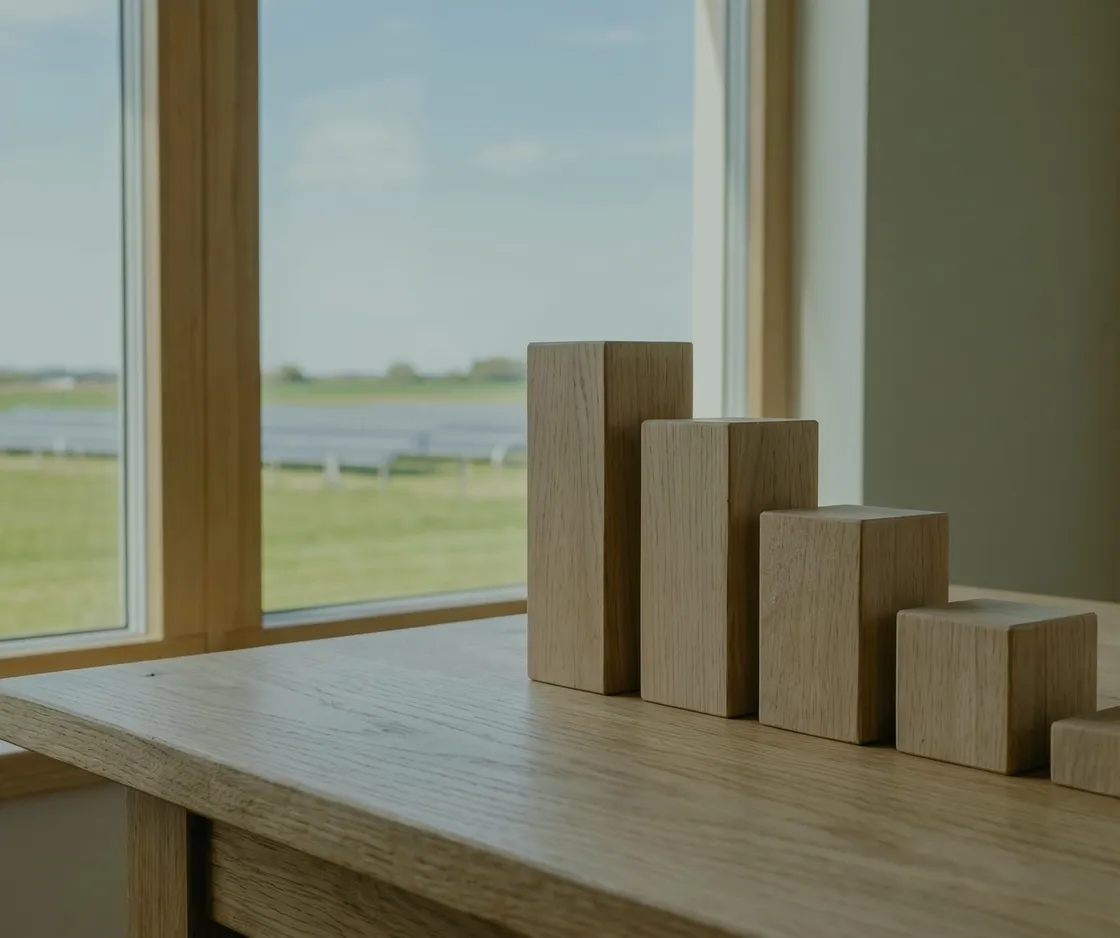 IAB und Sonderabschreibung kombinieren: fünf Holzklötze, die wie eine Treppe von hoch nach flach abfallen, auf einem Tisch am Fenster, draußen eine Solaranlage