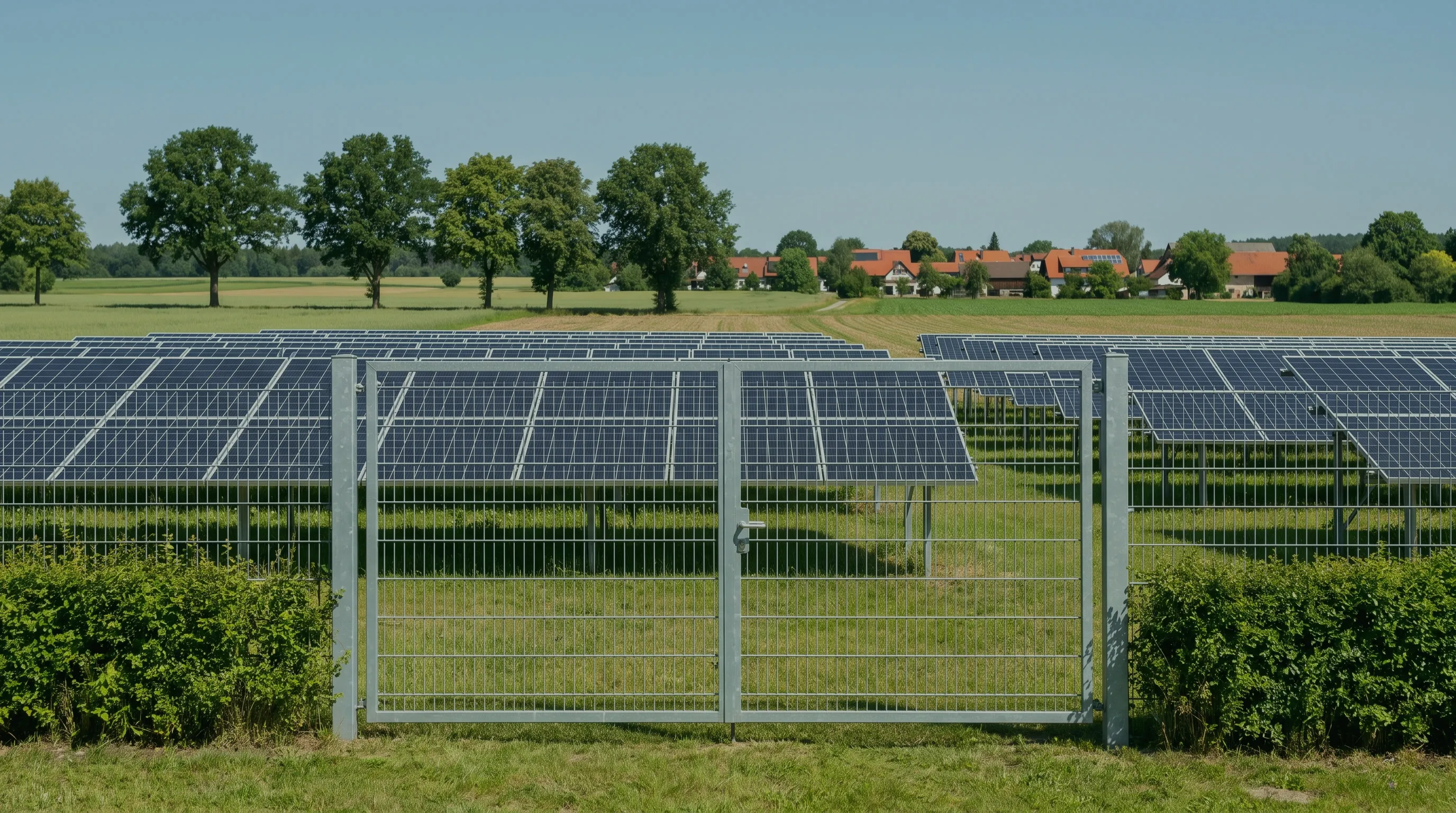 Geschlossenes Tor im Zaun einer Freiflächen-Solaranlage, dahinter Modulreihen und ein Dorf