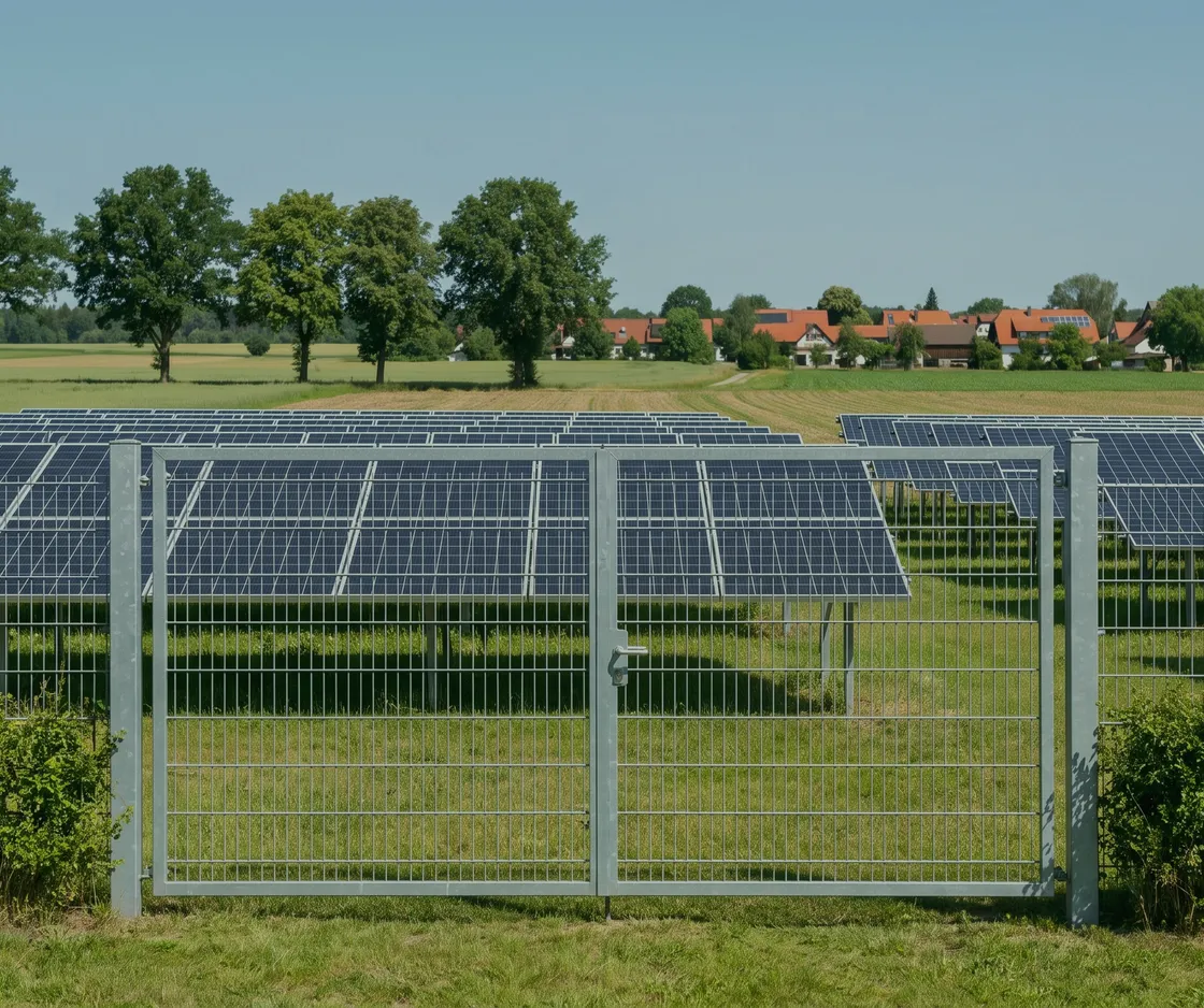 Geschlossenes Tor im Zaun einer Freiflächen-Solaranlage, dahinter Modulreihen und ein Dorf
