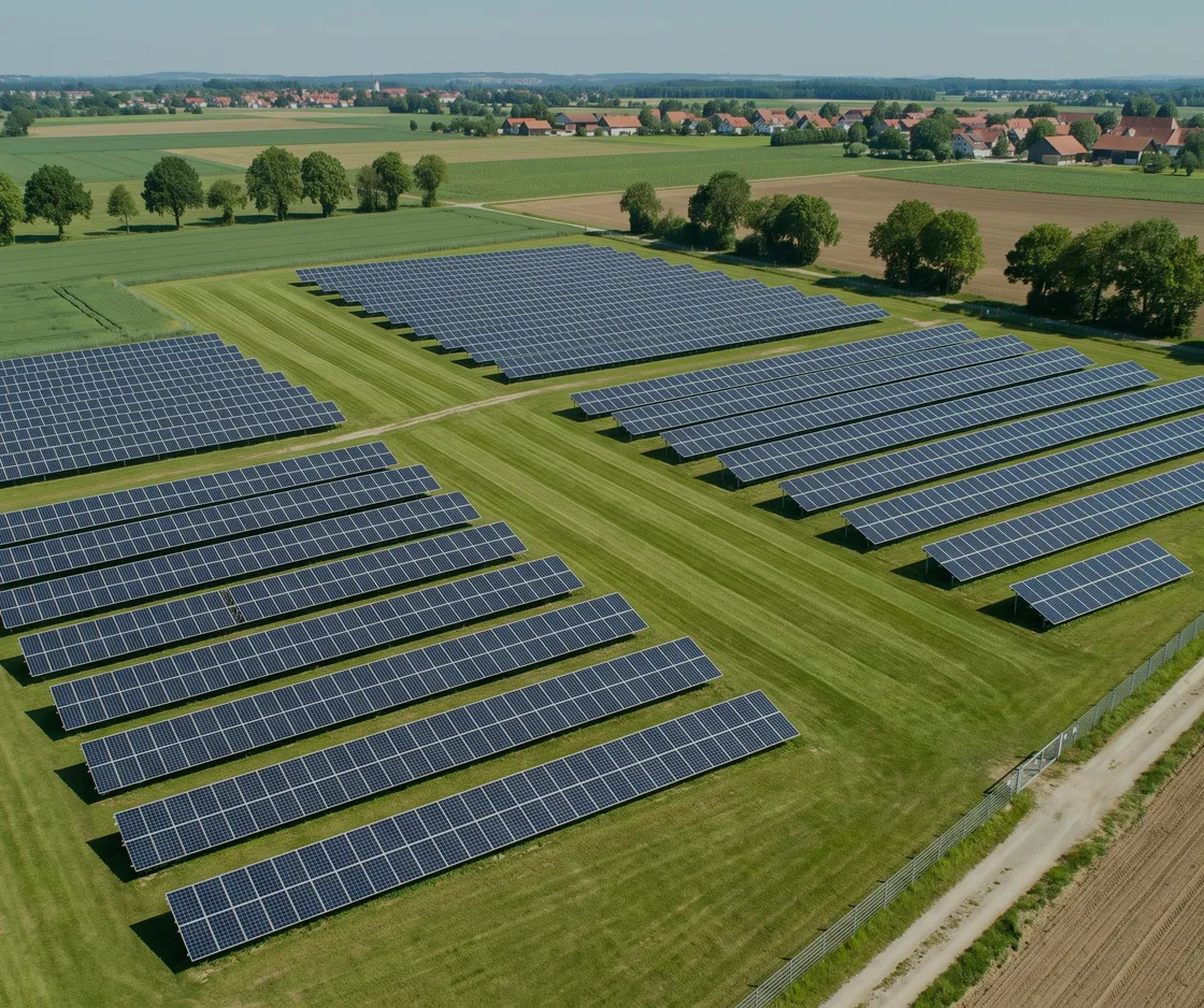 Luftbild eines Solarparks aus mehreren Modulblöcken zwischen Feldern und Baumreihen