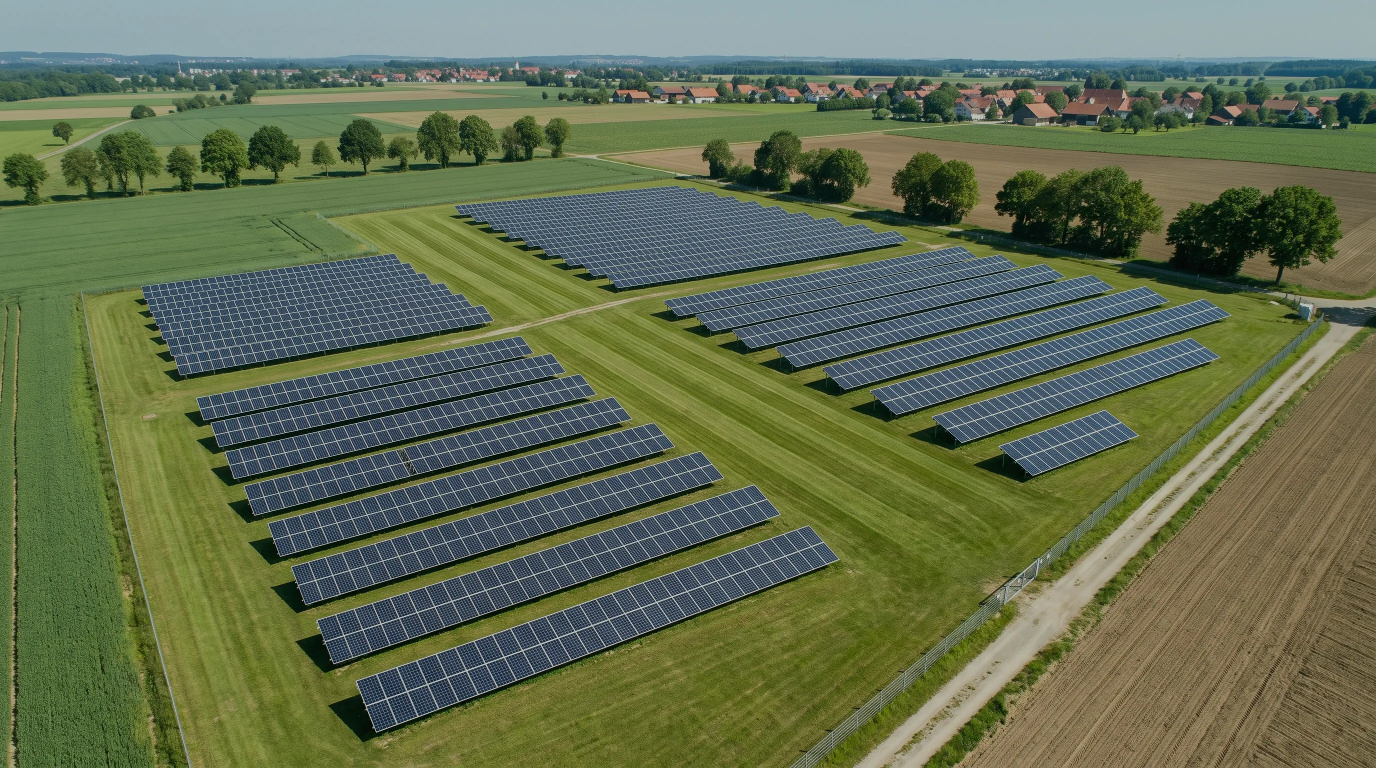 Luftbild eines Solarparks aus mehreren Modulblöcken zwischen Feldern und Baumreihen