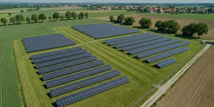 Luftbild eines Solarparks aus mehreren Modulblöcken zwischen Feldern und Baumreihen