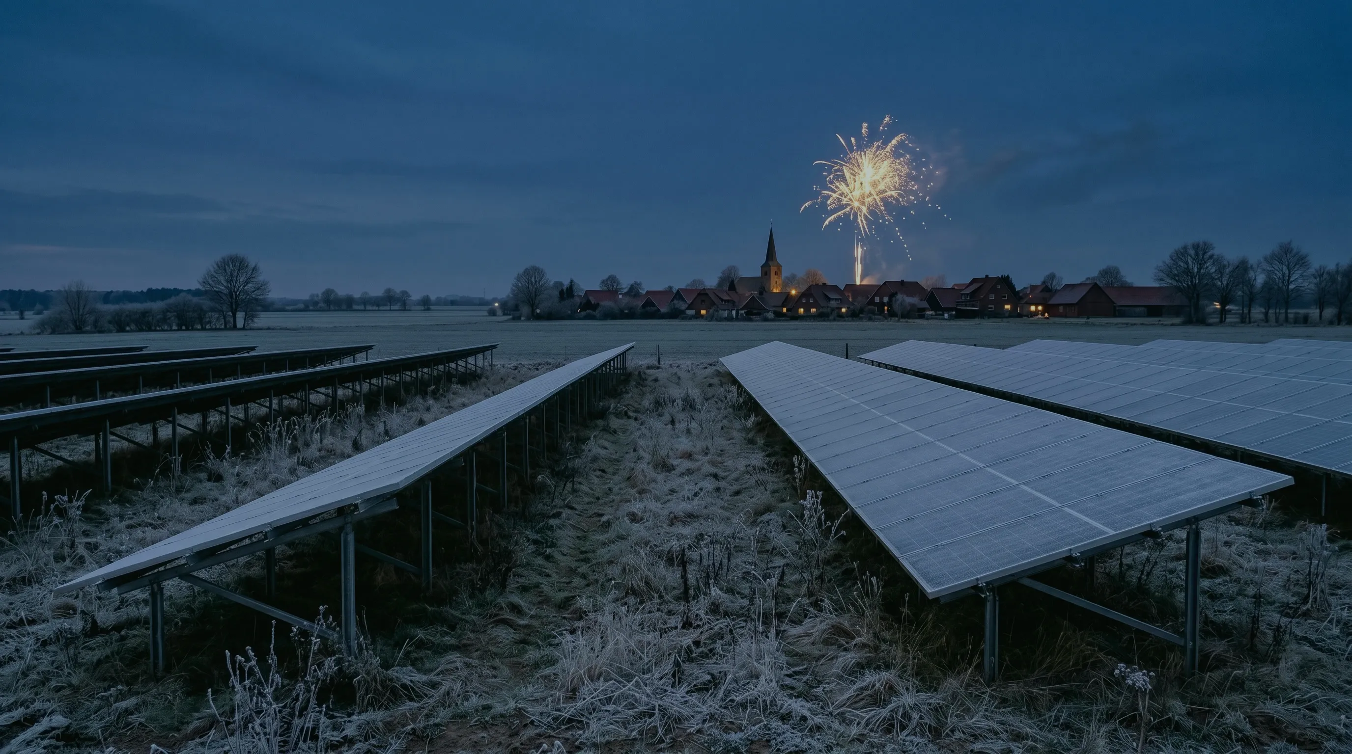 Frist zum Jahresende: Solarpark mit Raureif auf den Modulen in der Abenddämmerung, über dem Dorf ein Silvesterfeuerwerk