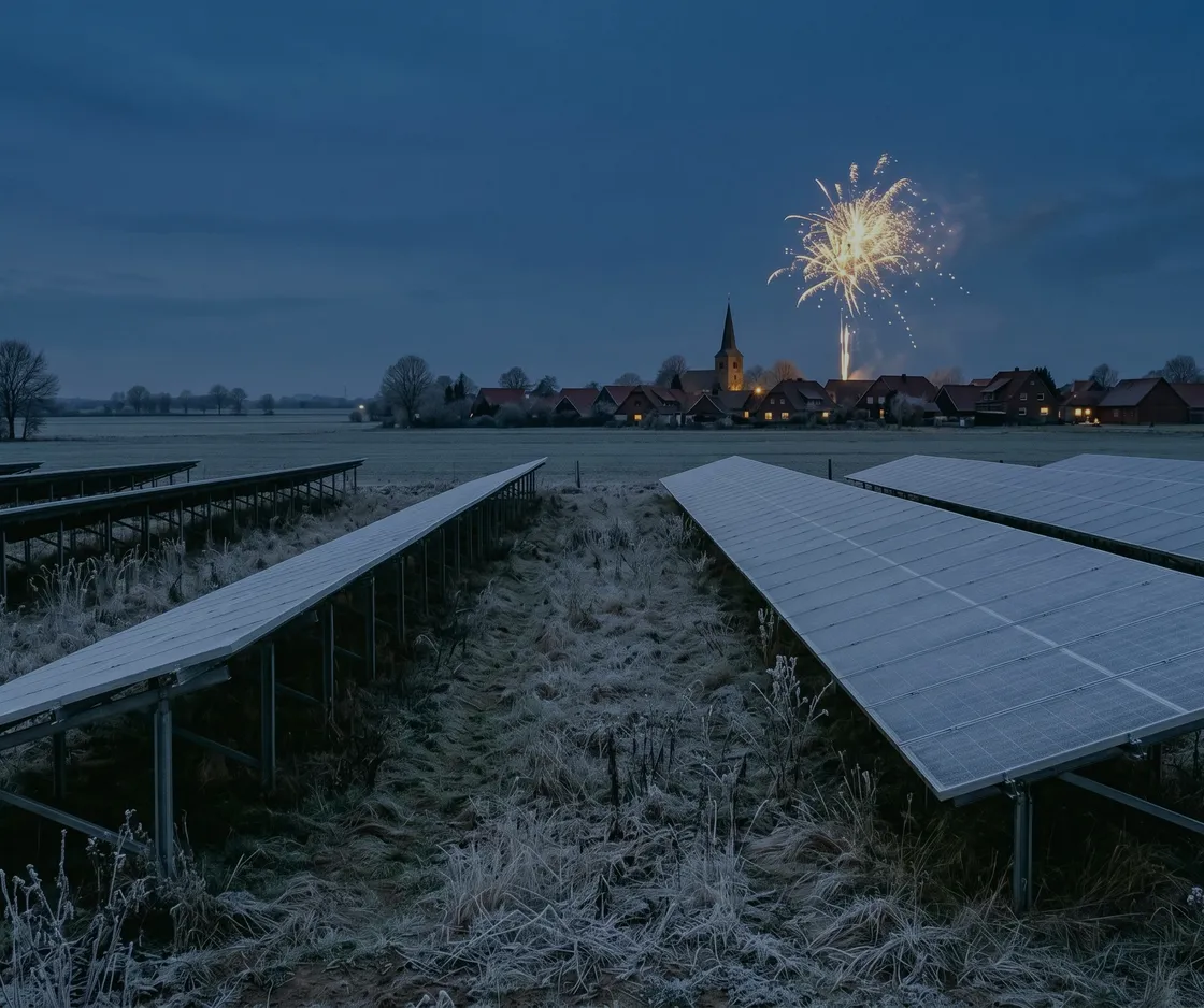 Frist zum Jahresende: Solarpark mit Raureif auf den Modulen in der Abenddämmerung, über dem Dorf ein Silvesterfeuerwerk