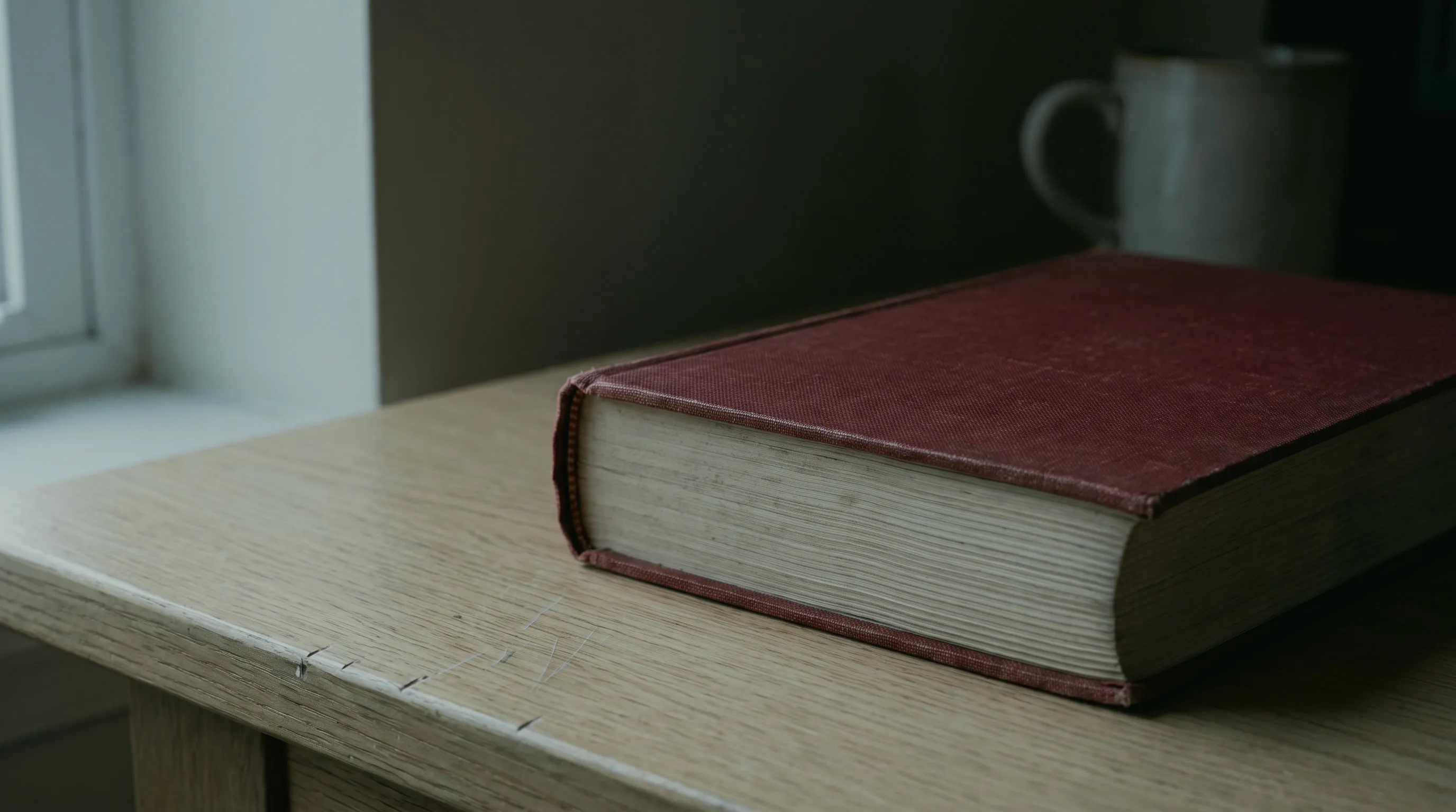 Dickes Buch mit rotem Leineneinband auf einem Holztisch, dahinter eine helle Tasse