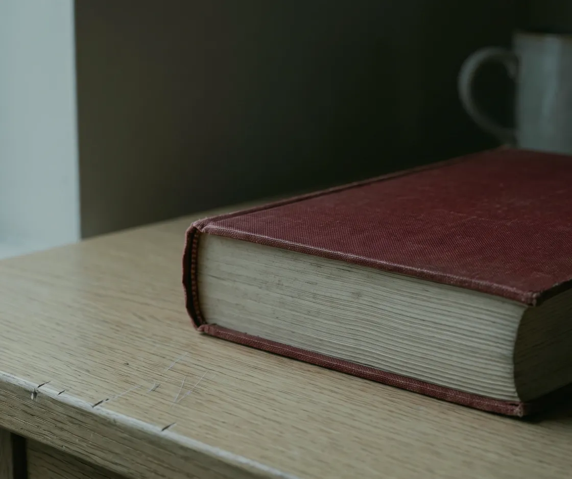 Dickes Buch mit rotem Leineneinband auf einem Holztisch, dahinter eine helle Tasse