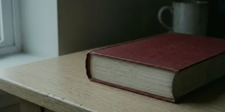 Dickes Buch mit rotem Leineneinband auf einem Holztisch, dahinter eine helle Tasse