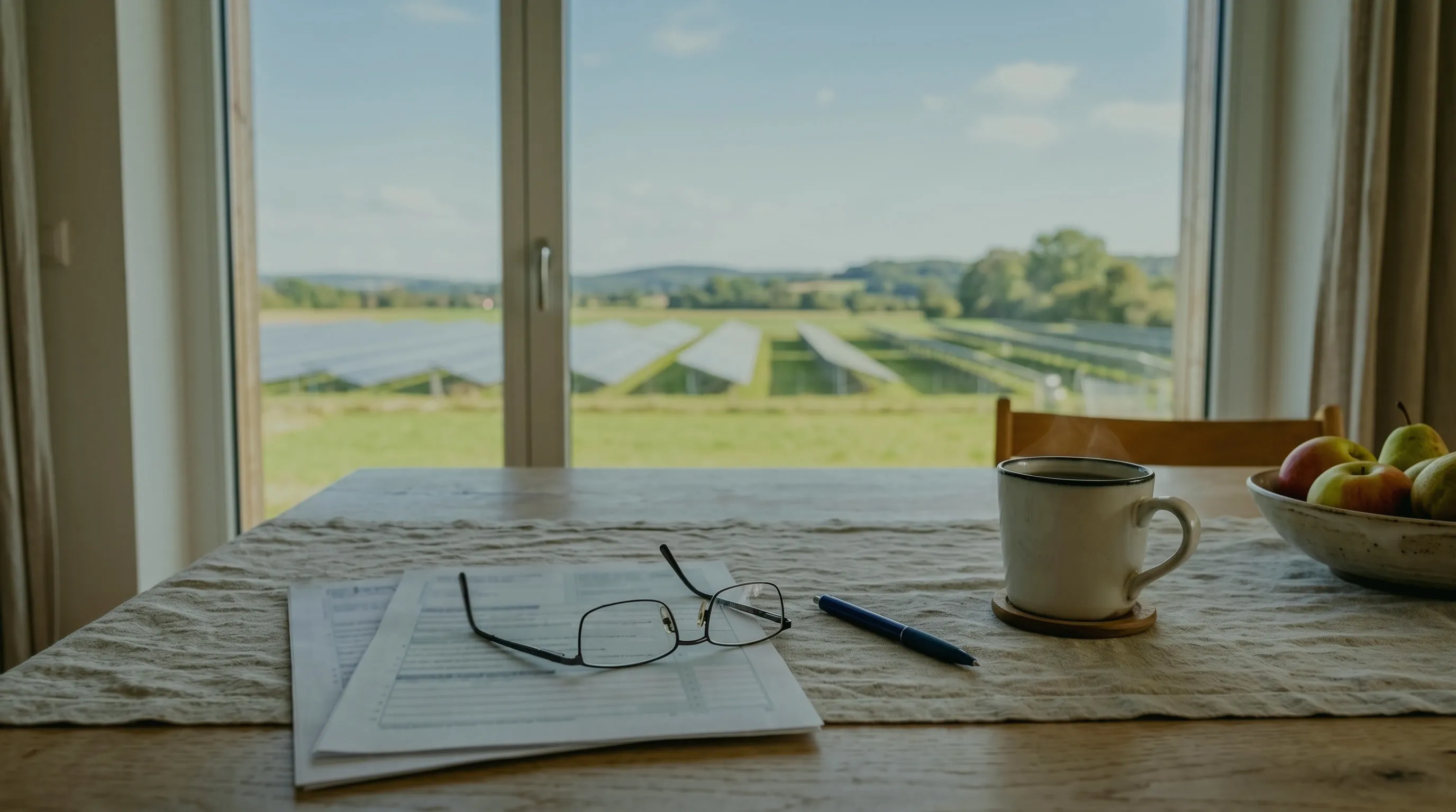 IAB als Privatperson: Steuerformulare mit Lesebrille und Kugelschreiber auf einem Esstisch zu Hause, daneben Kaffee und eine Obstschale