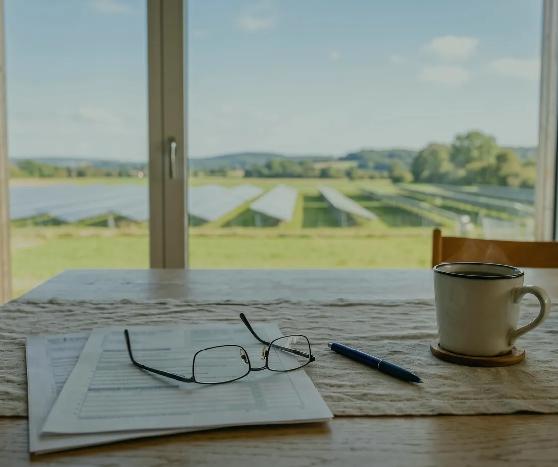 IAB als Privatperson: Steuerformulare mit Lesebrille und Kugelschreiber auf einem Esstisch zu Hause, daneben Kaffee und eine Obstschale