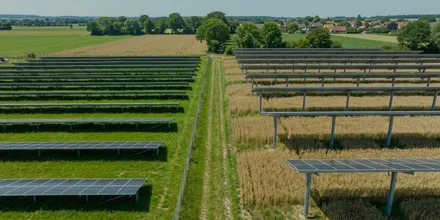 Luftbild zweier unterschiedlich gebauter Solaranlagen nebeneinander: dicht aufgestellte Modulreihen links, hoch aufgeständerte Agri-PV über einem Getreidefeld rechts