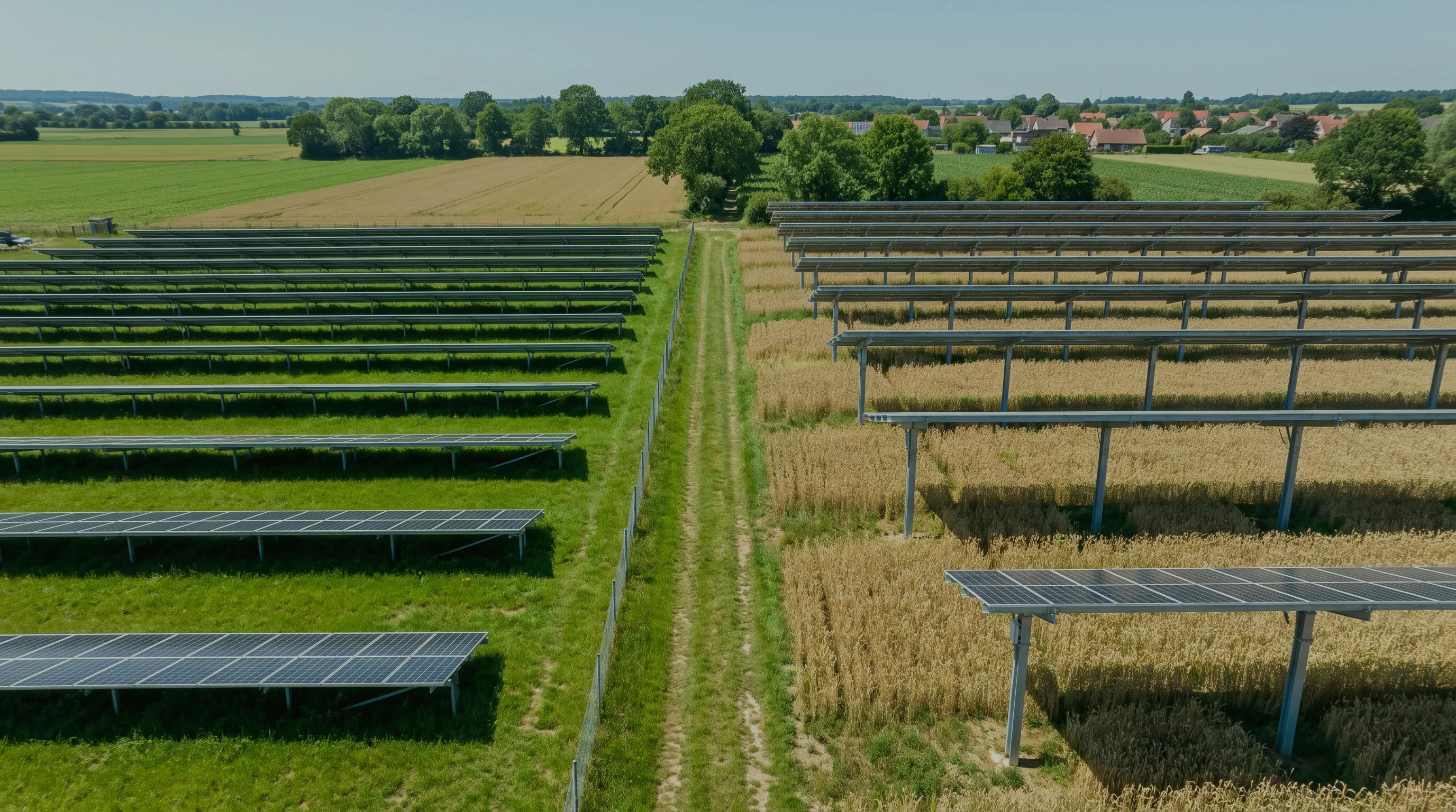 Luftbild zweier unterschiedlich gebauter Solaranlagen nebeneinander: dicht aufgestellte Modulreihen links, hoch aufgeständerte Agri-PV über einem Getreidefeld rechts