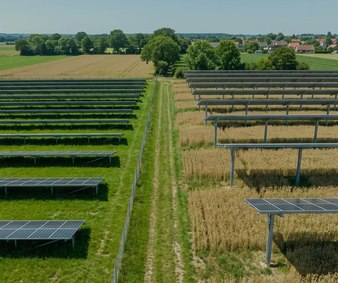 Luftbild zweier unterschiedlich gebauter Solaranlagen nebeneinander: dicht aufgestellte Modulreihen links, hoch aufgeständerte Agri-PV über einem Getreidefeld rechts