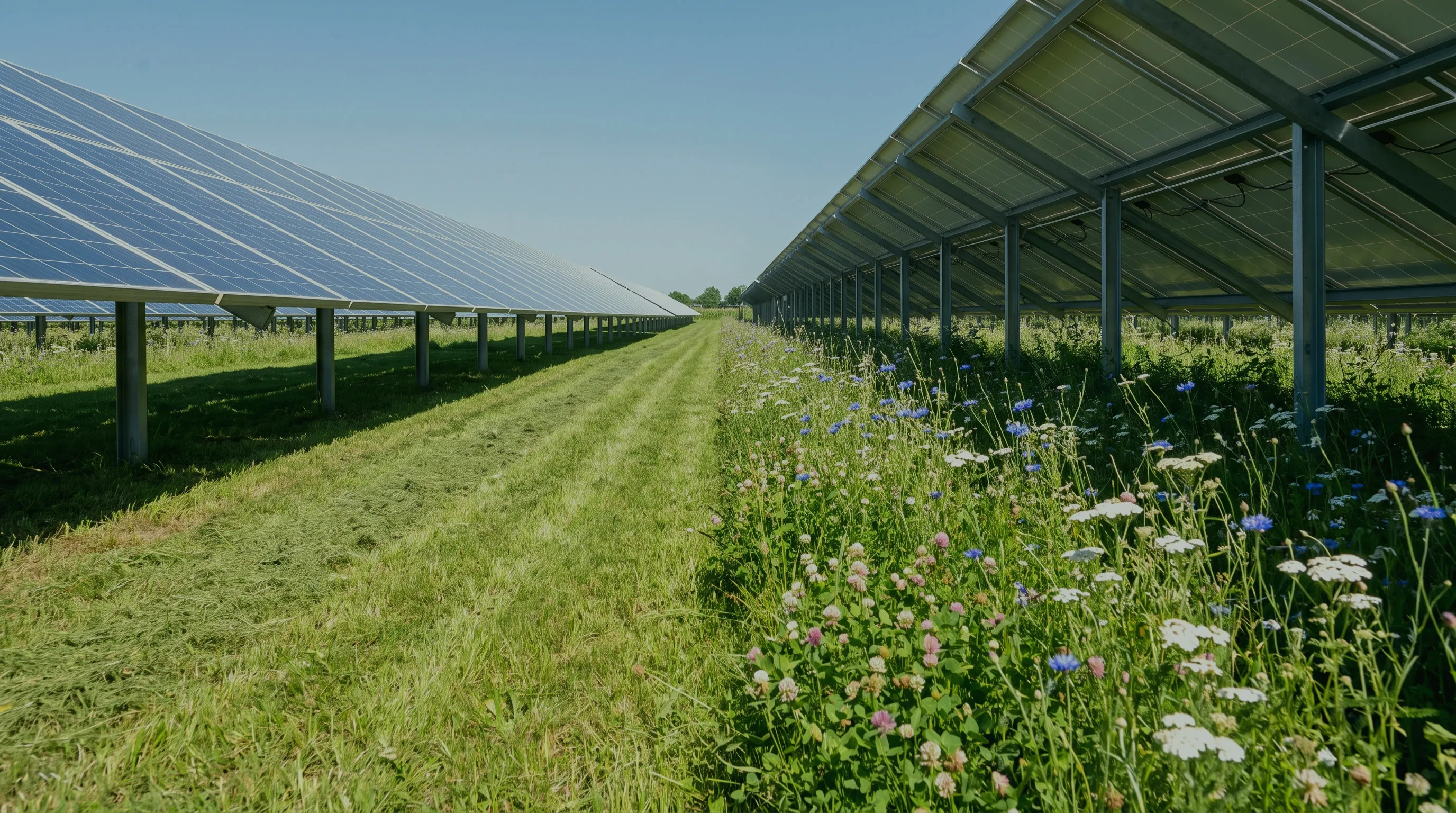 Blick durch die Gasse zwischen zwei Modulreihen einer Freiflächenanlage, im Gras blühende Wildkräuter
