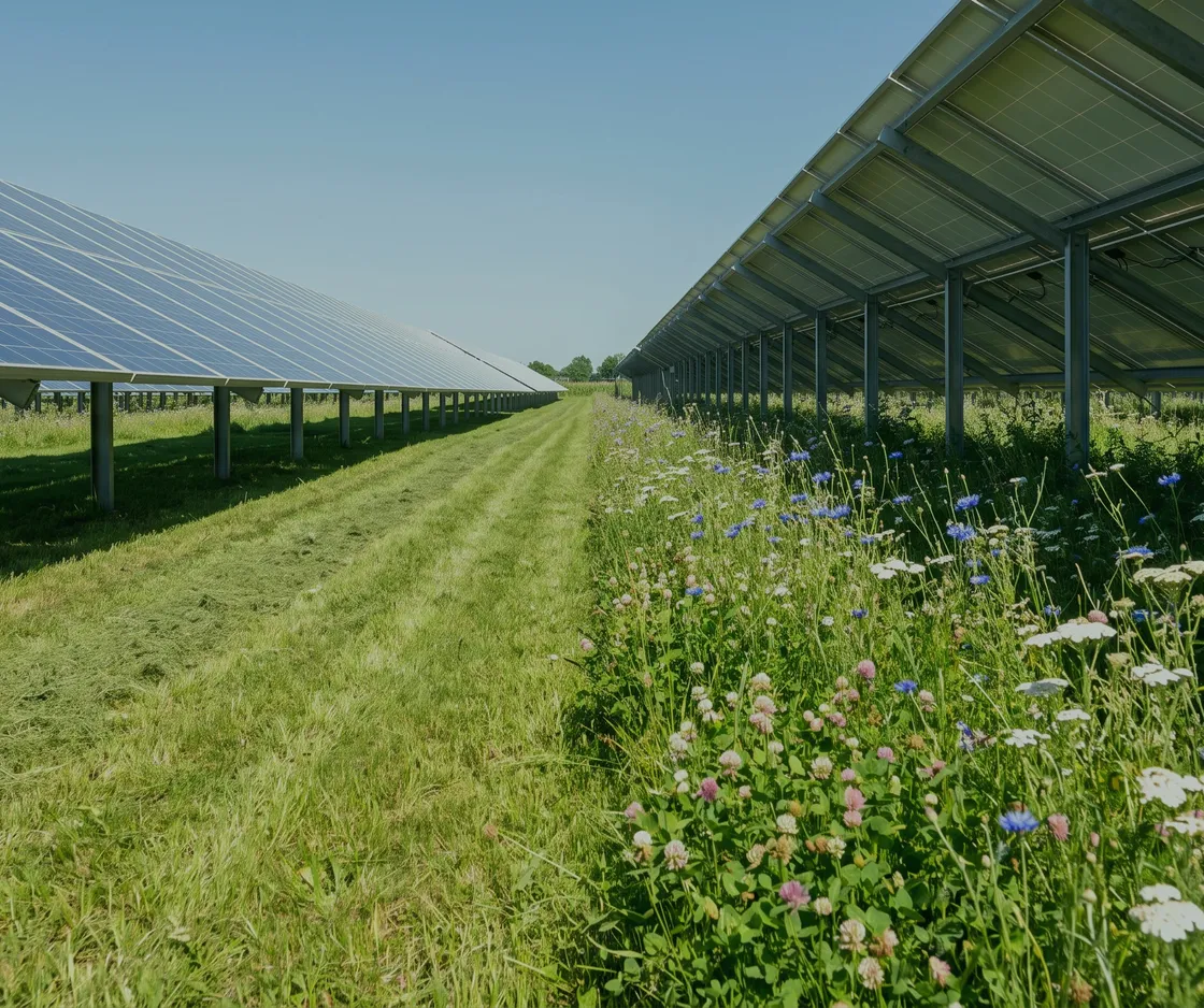 Blick durch die Gasse zwischen zwei Modulreihen einer Freiflächenanlage, im Gras blühende Wildkräuter