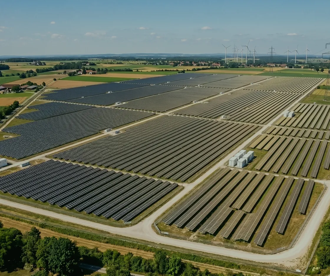 Negative Strompreise und PV-Rendite: Luftbild eines Solarparks mit Batteriespeicher-Containern zwischen Feldern, im Hintergrund Windräder und ein Hochspannungsmast