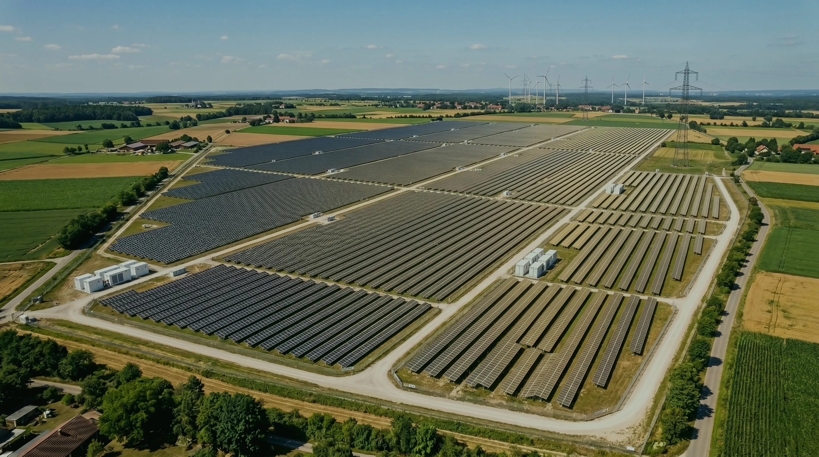 Negative Strompreise und PV-Rendite: Luftbild eines Solarparks mit Batteriespeicher-Containern zwischen Feldern, im Hintergrund Windräder und ein Hochspannungsmast