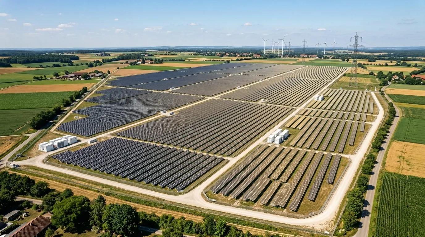 Luftaufnahme eines Photovoltaik-Parks zwischen Feldern mit angeschlossenen Batteriespeicher-Containern, im Hintergrund Windräder und ein Hochspannungsmast unter blauem Himmel