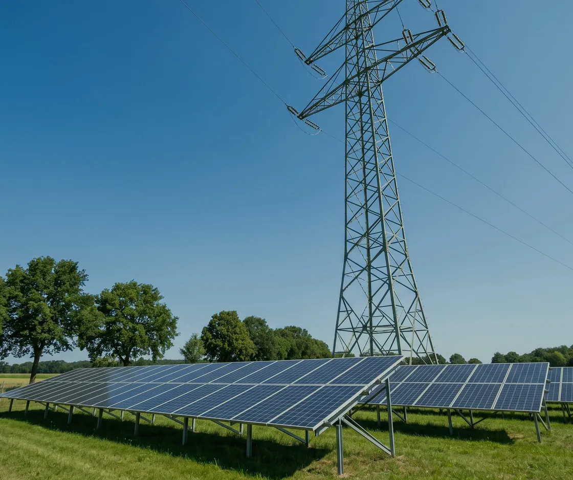 Freiflächen-Solaranlage unter einem Strommast mit Hochspannungsleitung
