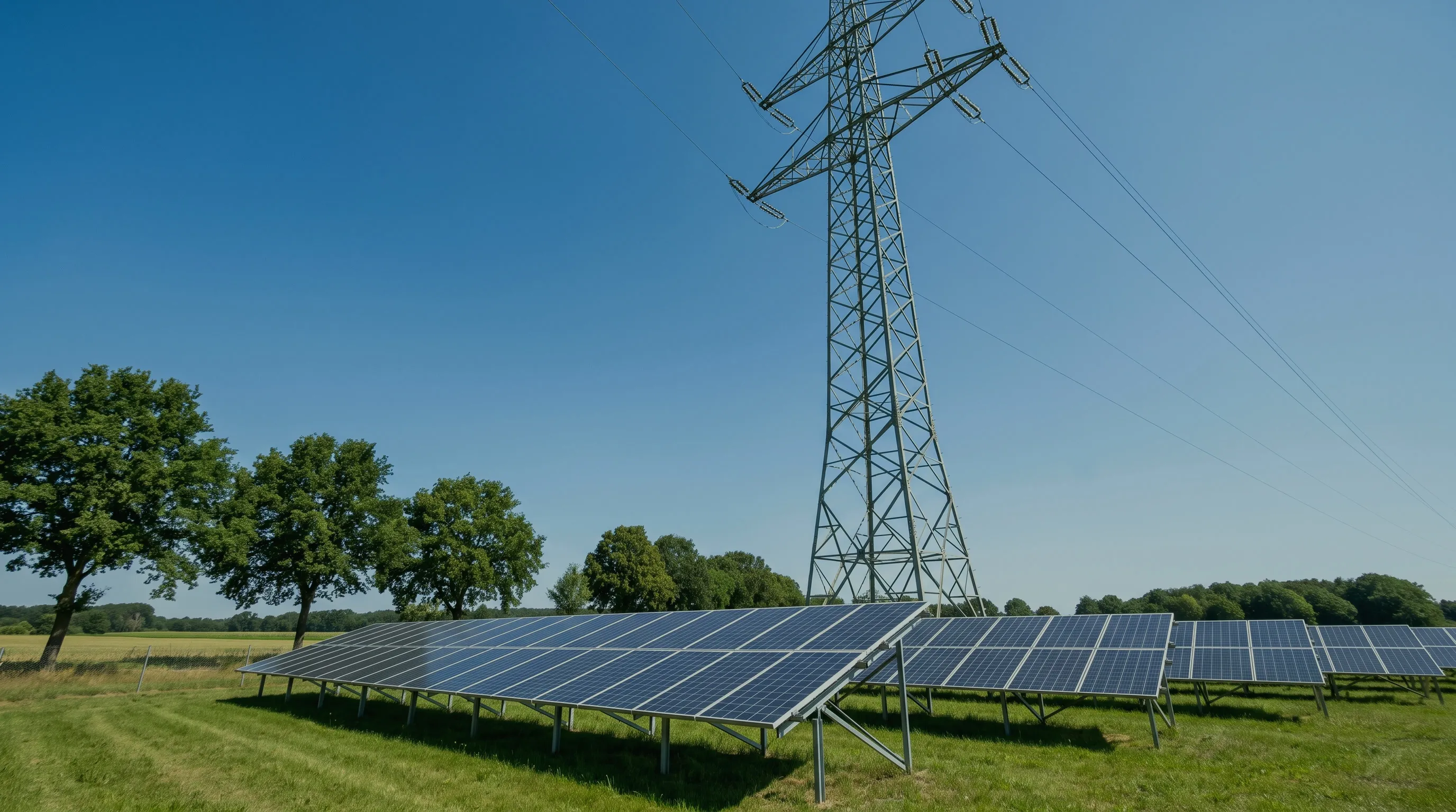 Freiflächen-Solaranlage unter einem Strommast mit Hochspannungsleitung