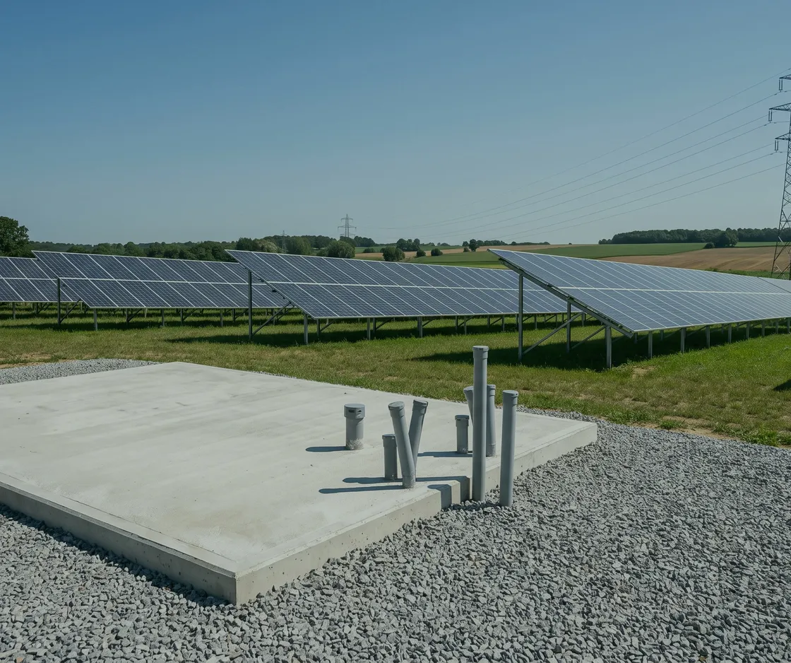 Leeres Betonfundament mit vorbereiteten Kabelrohren am Rand einer Solaranlage, im Hintergrund ein Strommast