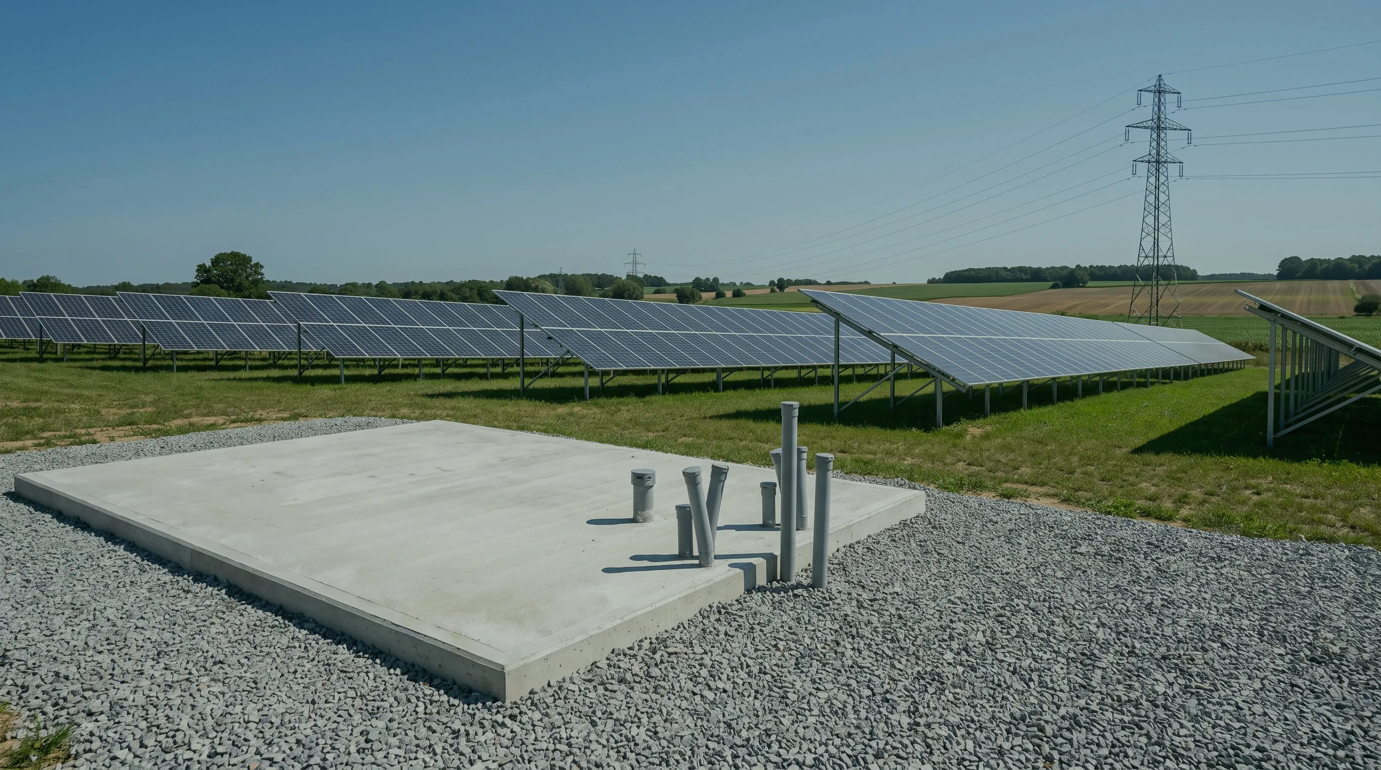 Leeres Betonfundament mit vorbereiteten Kabelrohren am Rand einer Solaranlage, im Hintergrund ein Strommast