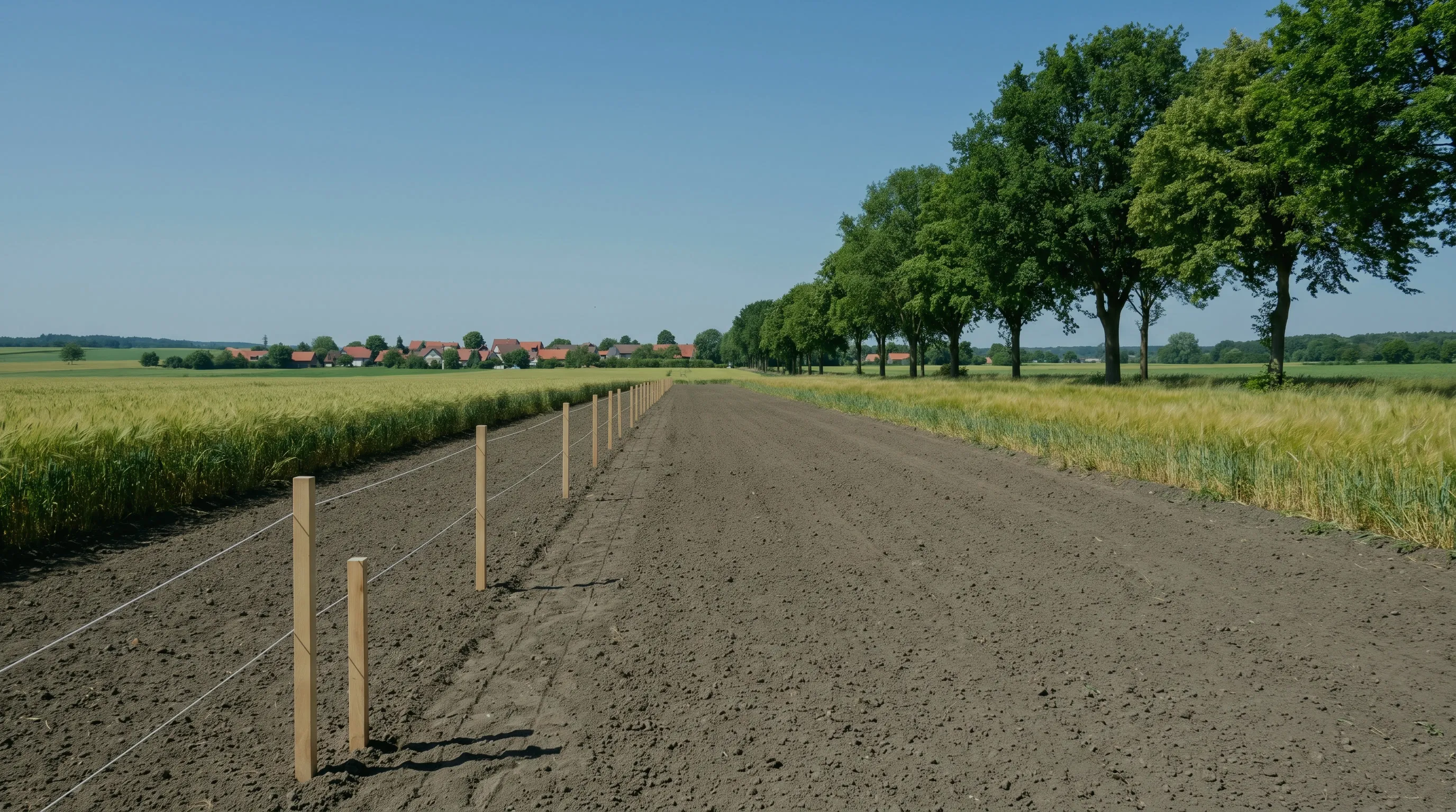 Mit Pflöcken und Schnur abgesteckte Baustraße zwischen zwei Feldern, im Hintergrund ein Dorf