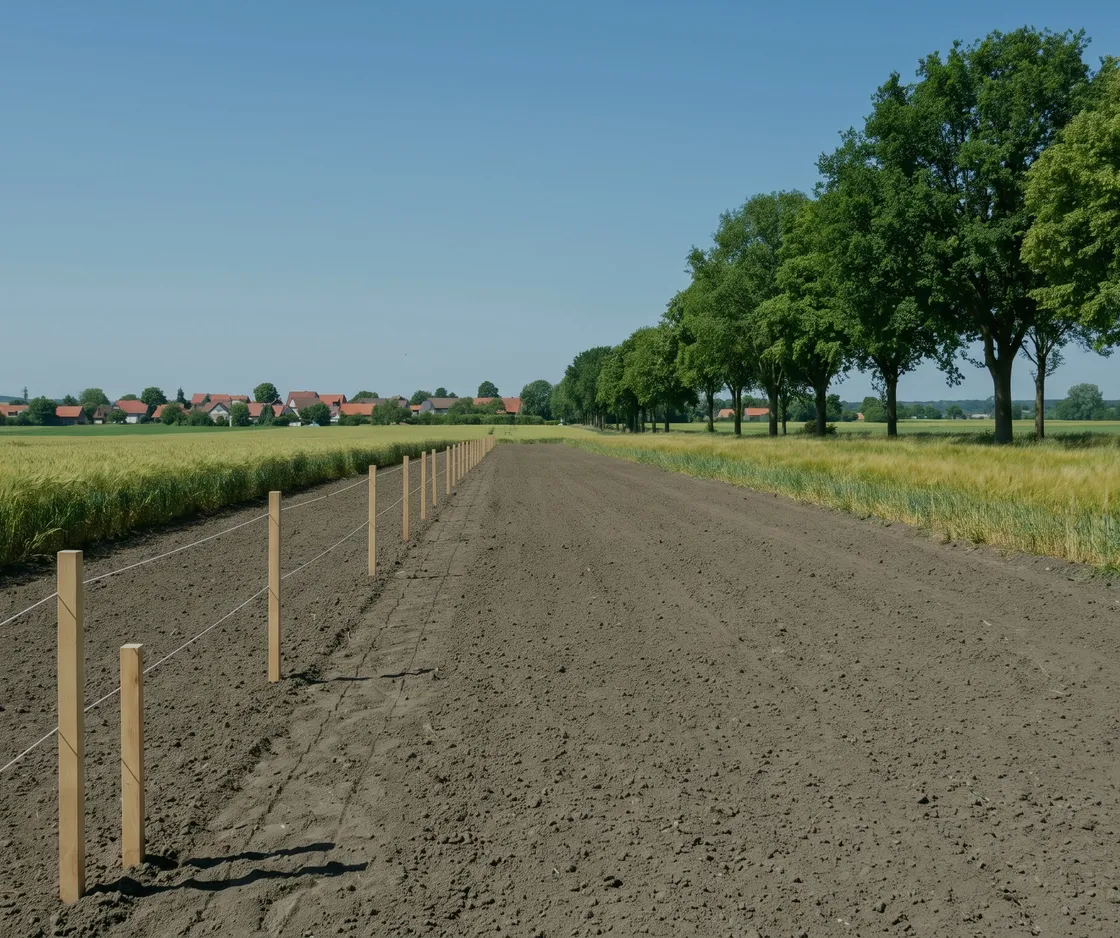 Mit Pflöcken und Schnur abgesteckte Baustraße zwischen zwei Feldern, im Hintergrund ein Dorf