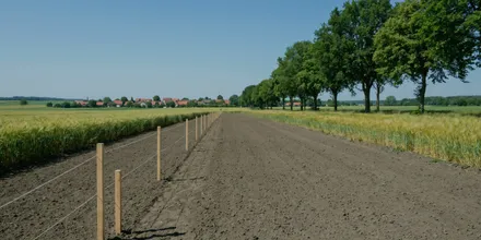 Mit Pflöcken und Schnur abgesteckte Baustraße zwischen zwei Feldern, im Hintergrund ein Dorf