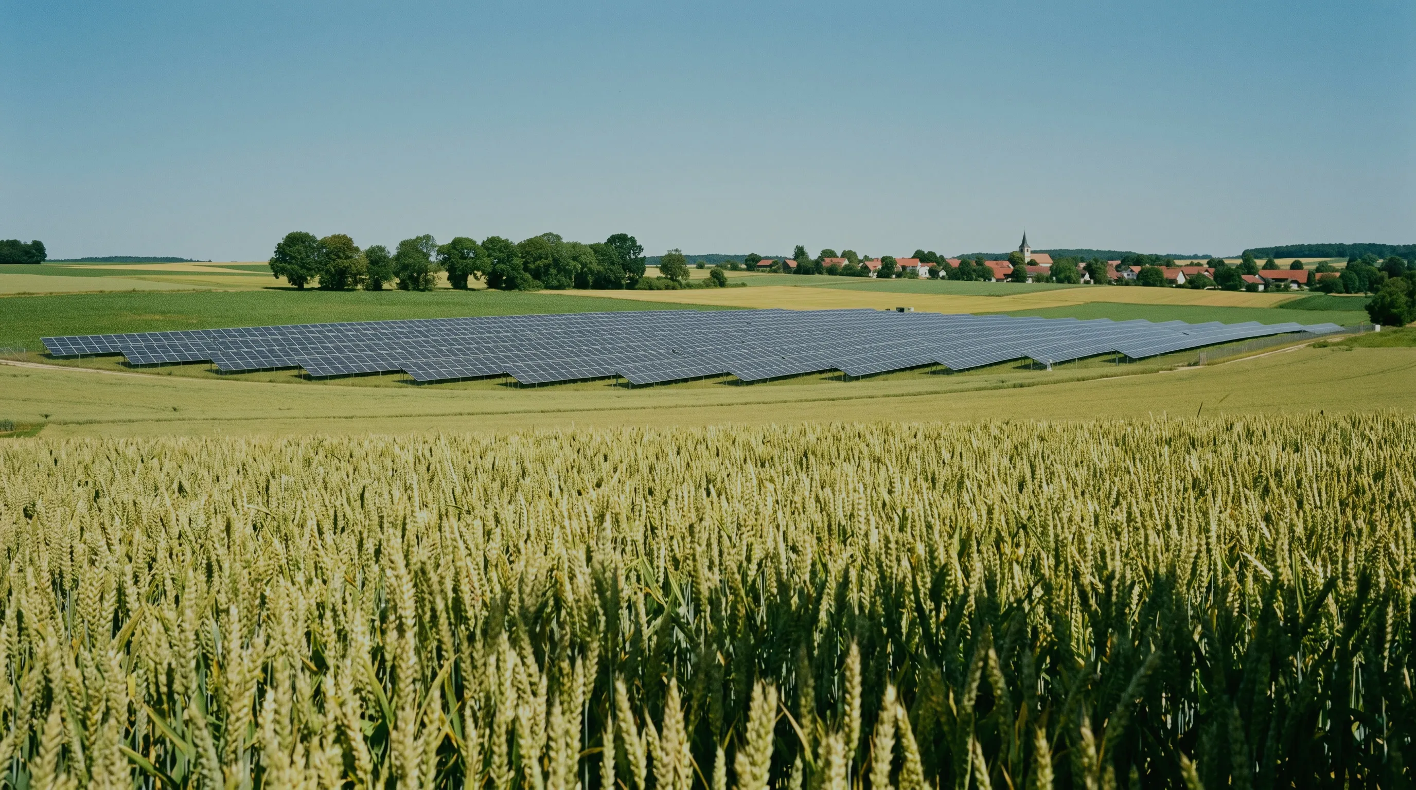 Freiflächen-Solaranlage an einem Hang hinter einem reifenden Getreidefeld, dahinter ein Dorf mit Kirchturm