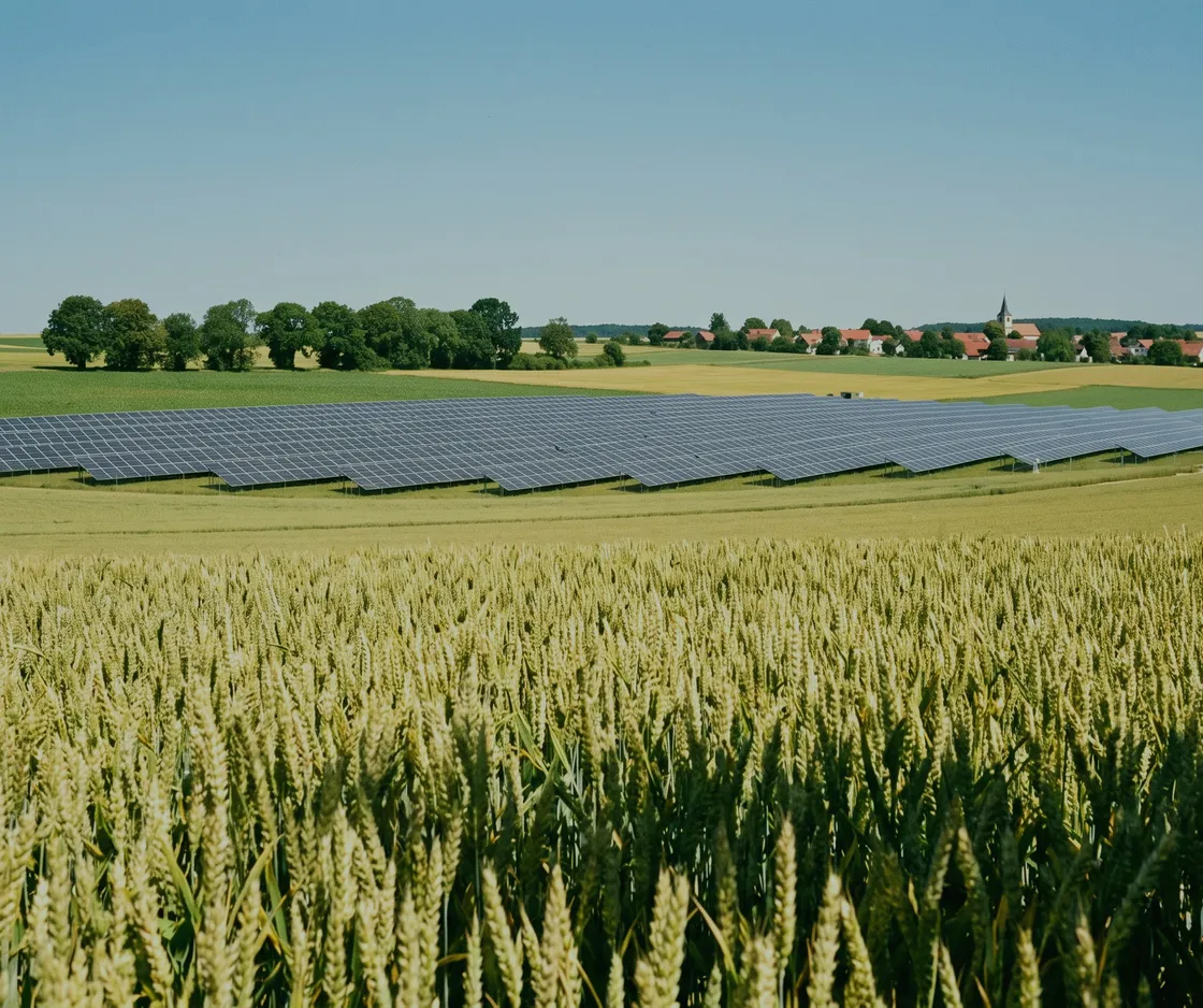 Freiflächen-Solaranlage an einem Hang hinter einem reifenden Getreidefeld, dahinter ein Dorf mit Kirchturm