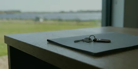 Schlüssel mit Lederanhänger auf einer dunklen Mappe, dahinter durch die Fensterfront ein Solarpark