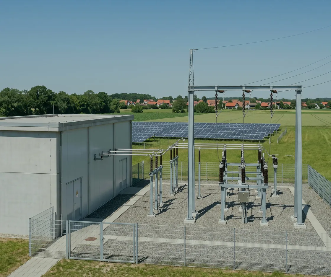Umspannstation mit Schaltanlage und Betongebäude am Rand einer Solaranlage, dahinter ein Strommast