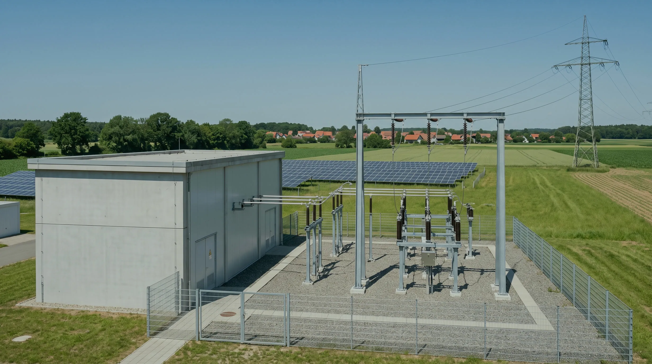 Umspannstation mit Schaltanlage und Betongebäude am Rand einer Solaranlage, dahinter ein Strommast