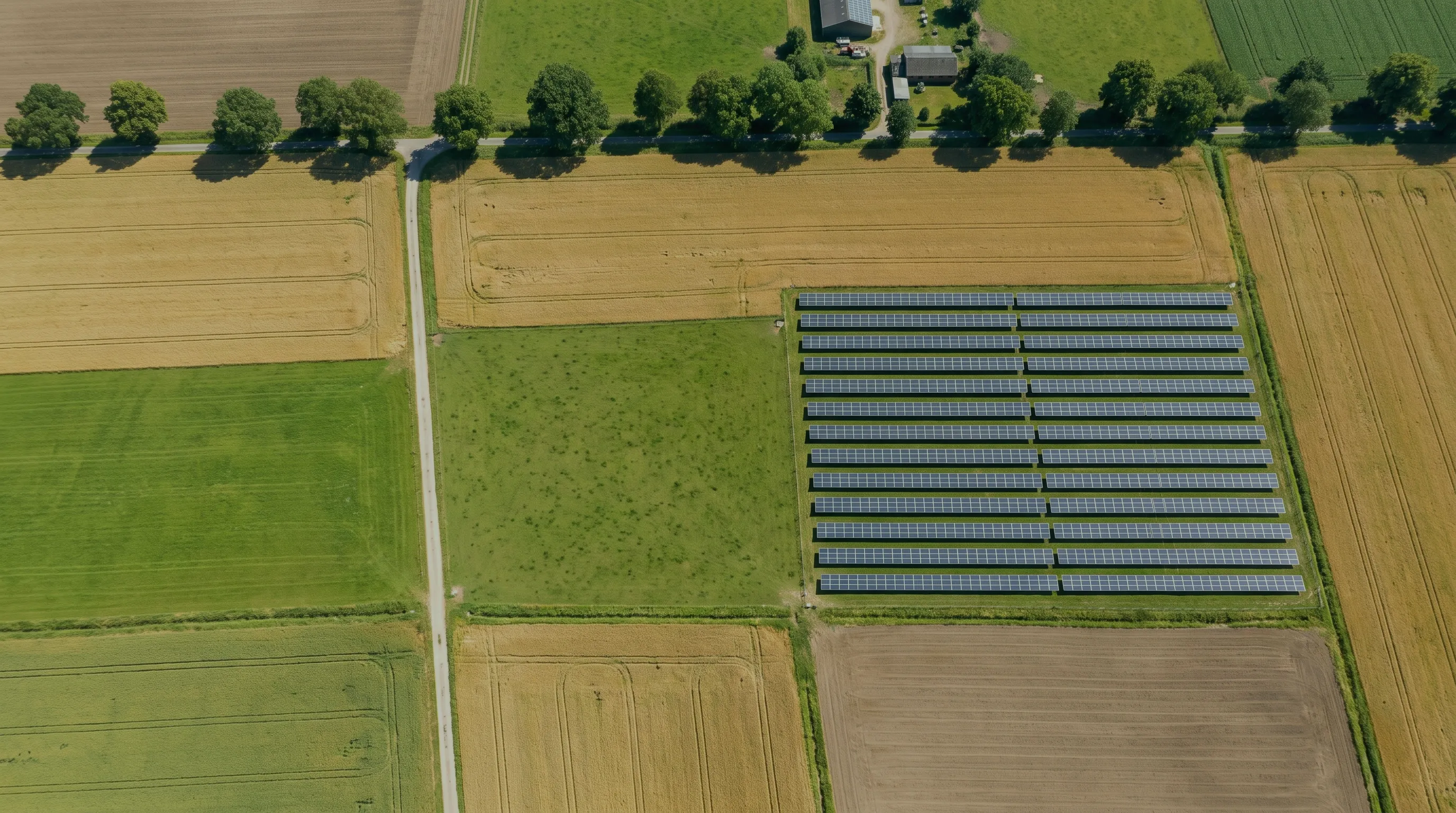 Senkrechtes Luftbild einer Feldflur, in der eine einzelne Solaranlage wie eine Parzelle zwischen den Ackerschlägen liegt