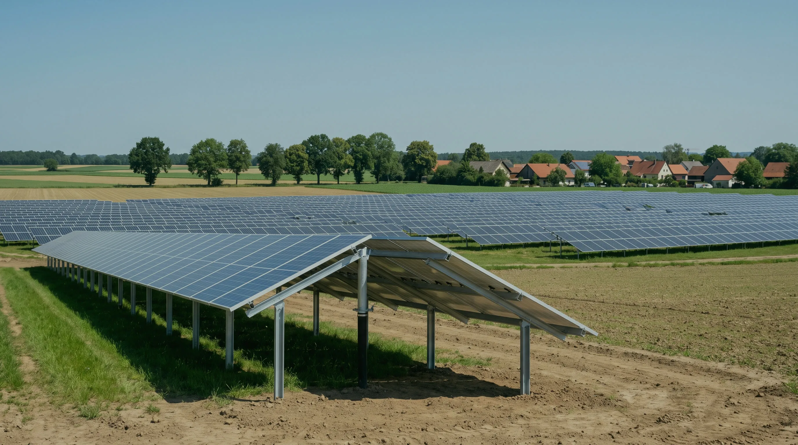 Einzelner Modulblock am Rand einer Solaranlage, dahinter weitere Modulreihen und ein Dorf