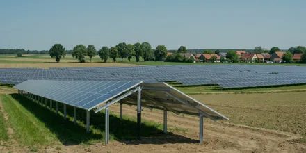 Einzelner Modulblock am Rand einer Solaranlage, dahinter weitere Modulreihen und ein Dorf