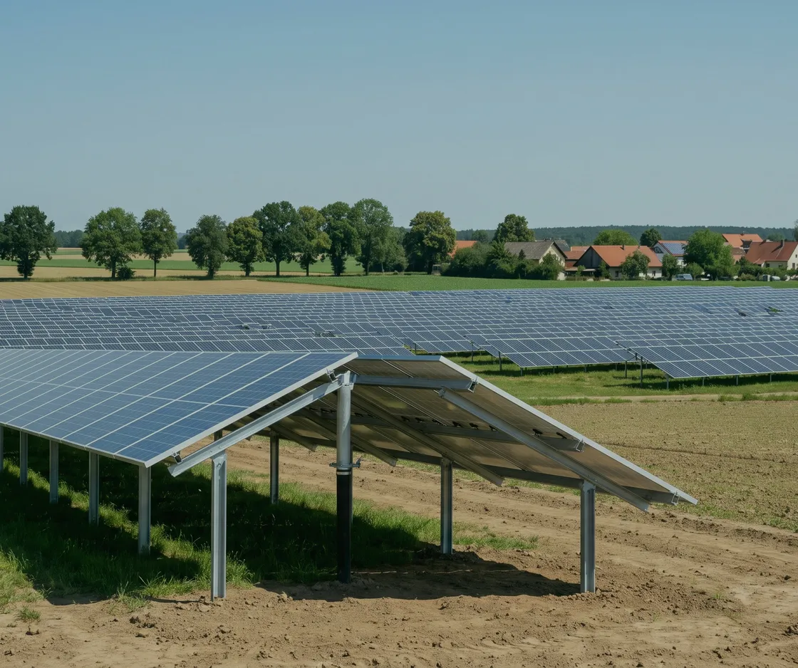 Einzelner Modulblock am Rand einer Solaranlage, dahinter weitere Modulreihen und ein Dorf