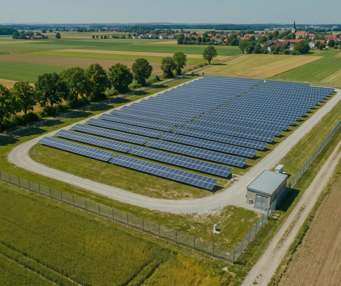Luftbild einer eingezäunten Solaranlage mit Betriebsgebäude, Zufahrt und Umfahrung