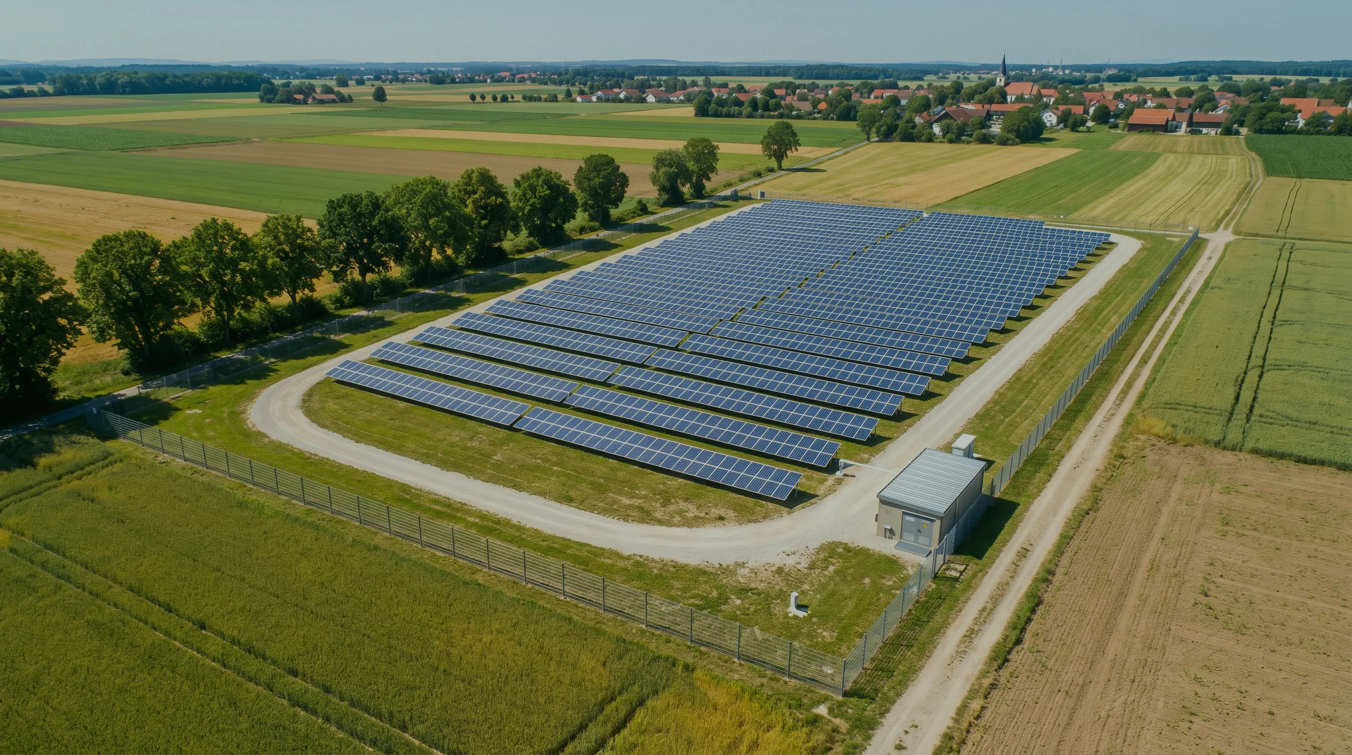 Luftbild einer eingezäunten Solaranlage mit Betriebsgebäude, Zufahrt und Umfahrung