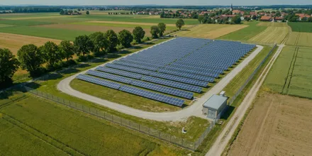 Luftbild einer eingezäunten Solaranlage mit Betriebsgebäude, Zufahrt und Umfahrung