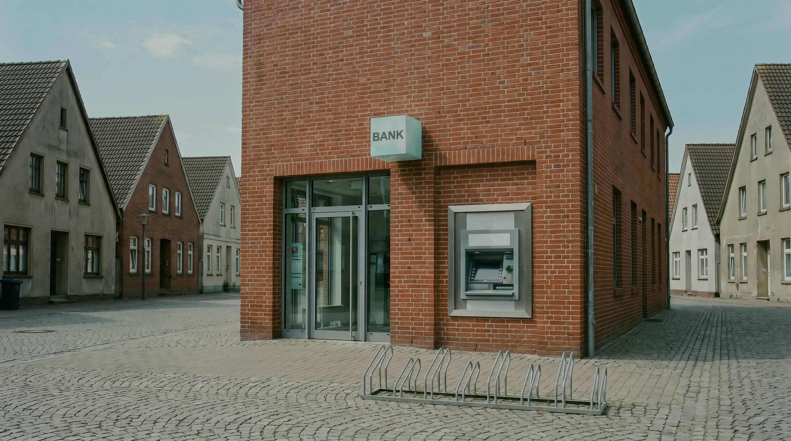 Finanzierung über die Bank: Ecke einer Bankfiliale aus rotem Klinker mit Schild „BANK“, Glastür und Geldautomat an einem leeren Kopfsteinpflasterplatz, davor ein Fahrradständer