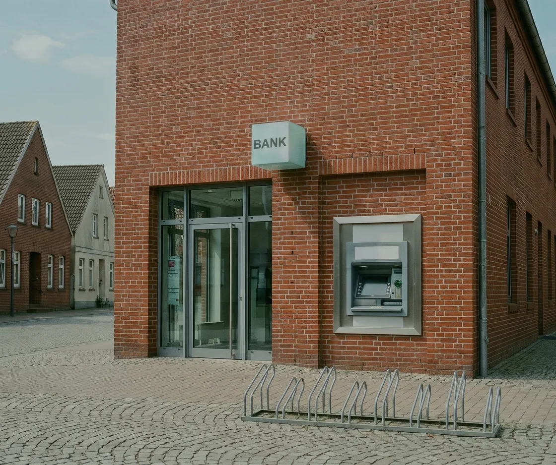 Finanzierung über die Bank: Ecke einer Bankfiliale aus rotem Klinker mit Schild „BANK“, Glastür und Geldautomat an einem leeren Kopfsteinpflasterplatz, davor ein Fahrradständer