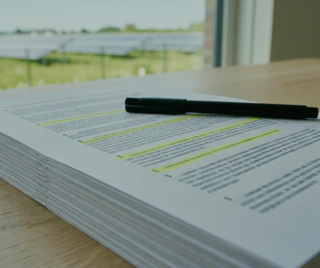 Vertragsprüfung beim PV-Direktinvestment: dicker Stapel bedruckter Seiten mit Paragraphenzeichen, einzelne Absätze gelb markiert, am Rand Klammern und Haken, darauf ein schwarzer Stift, durchs Fenster ein Solarpark