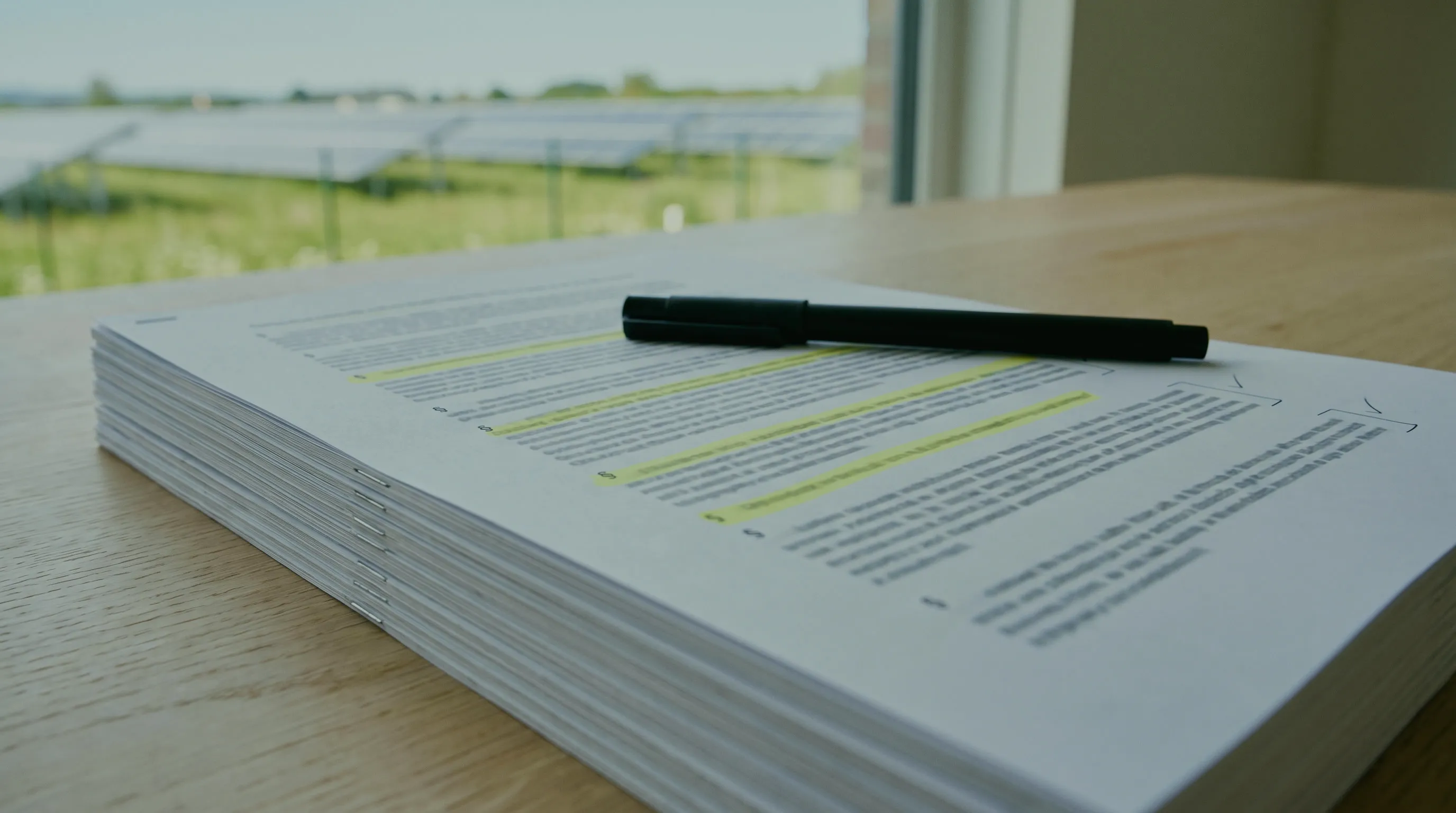 Vertragsprüfung beim PV-Direktinvestment: dicker Stapel bedruckter Seiten mit Paragraphenzeichen, einzelne Absätze gelb markiert, am Rand Klammern und Haken, darauf ein schwarzer Stift, durchs Fenster ein Solarpark
