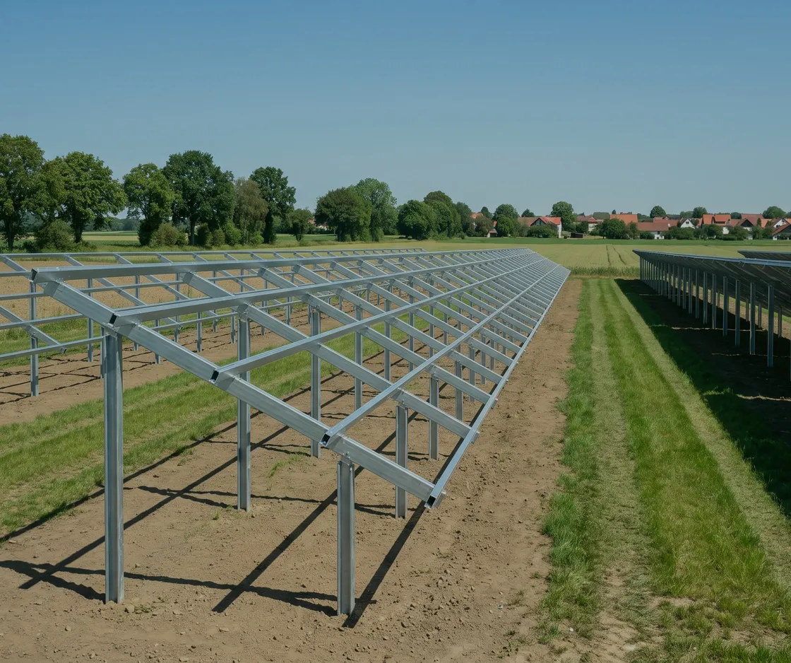 Fertige, noch unbelegte Stahl-Unterkonstruktion einer Solaranlage neben einer bereits mit Modulen belegten Reihe