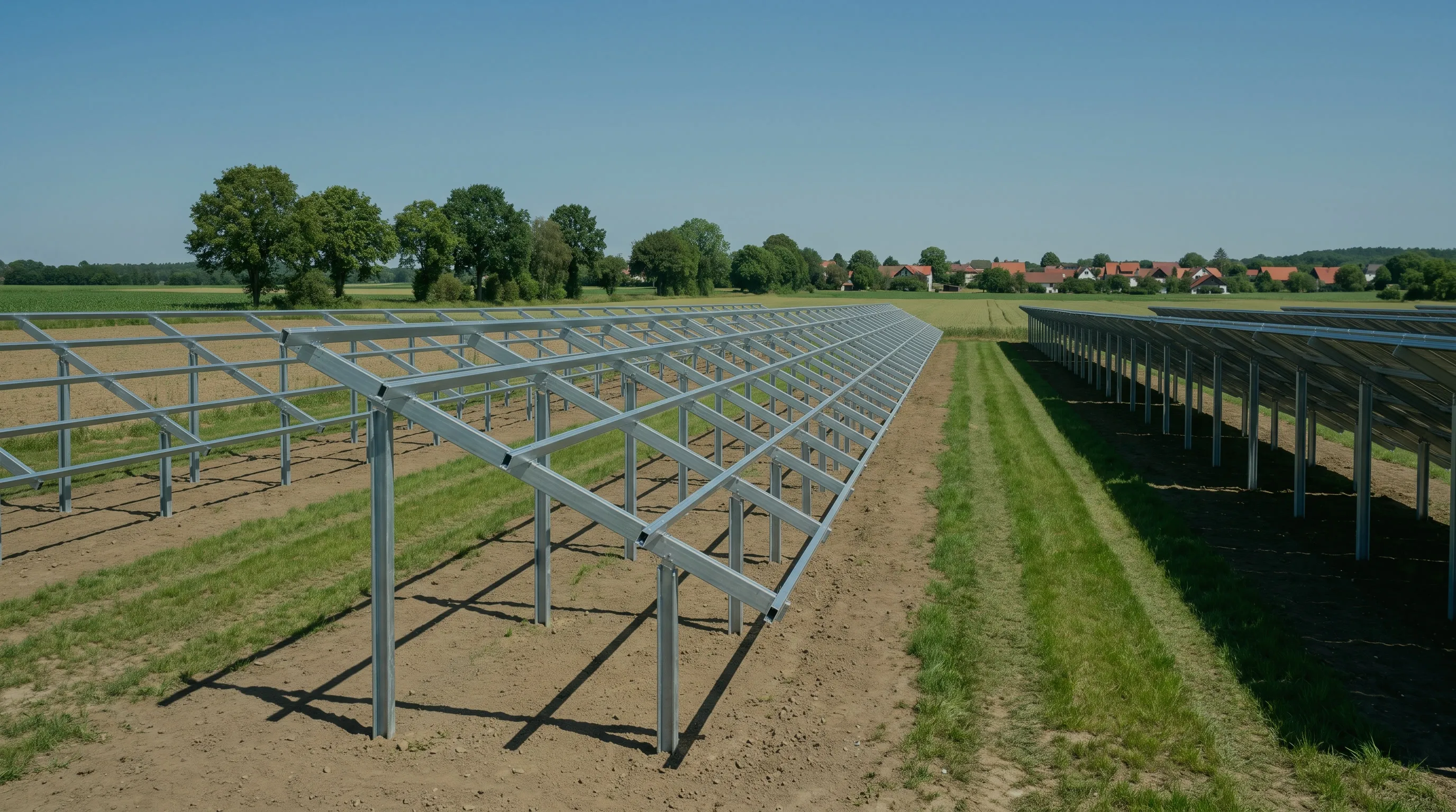 Fertige, noch unbelegte Stahl-Unterkonstruktion einer Solaranlage neben einer bereits mit Modulen belegten Reihe