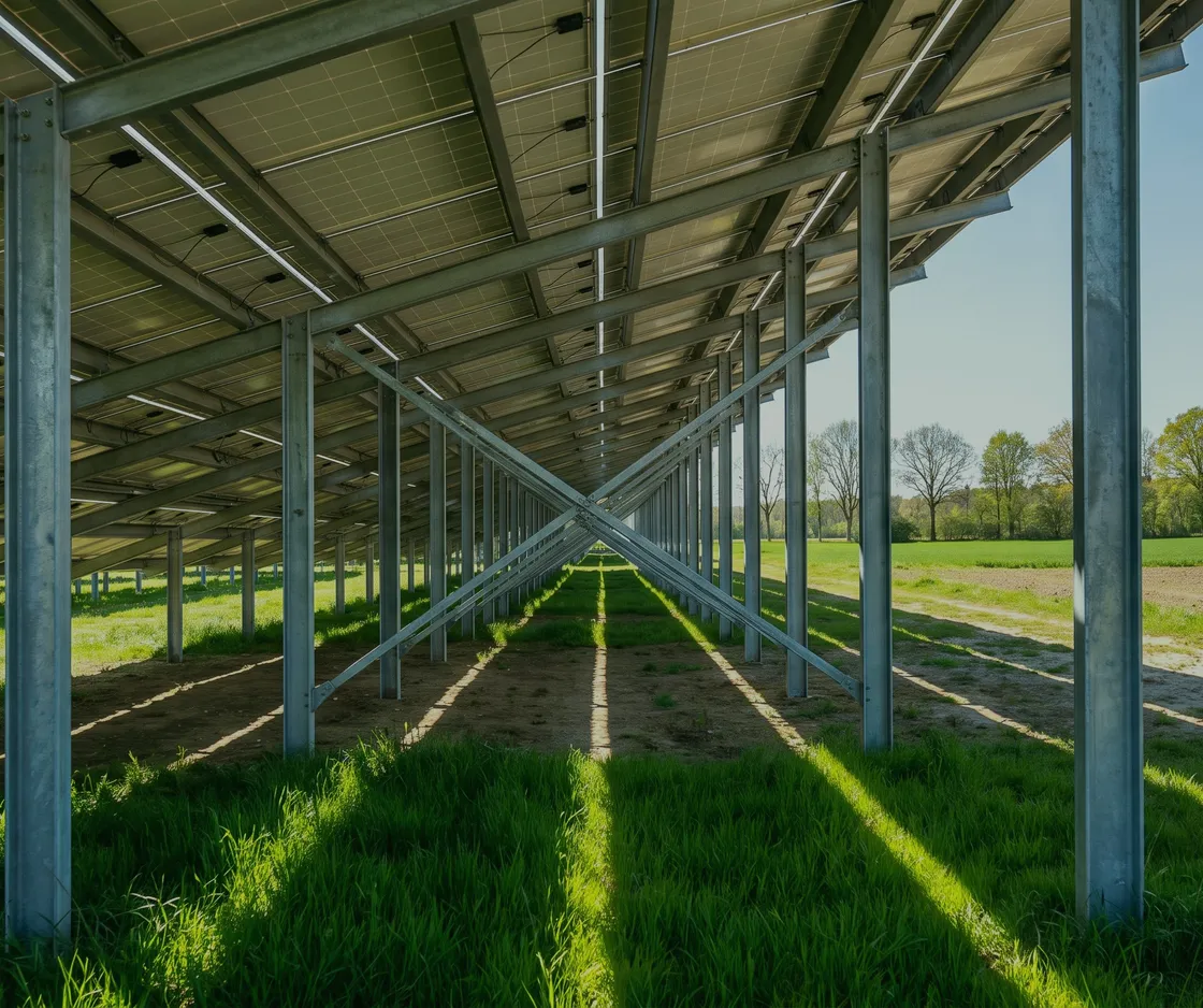 Blick unter die aufgeständerten Modulreihen einer Solaranlage, die Stützen werfen lange Schatten auf das Gras