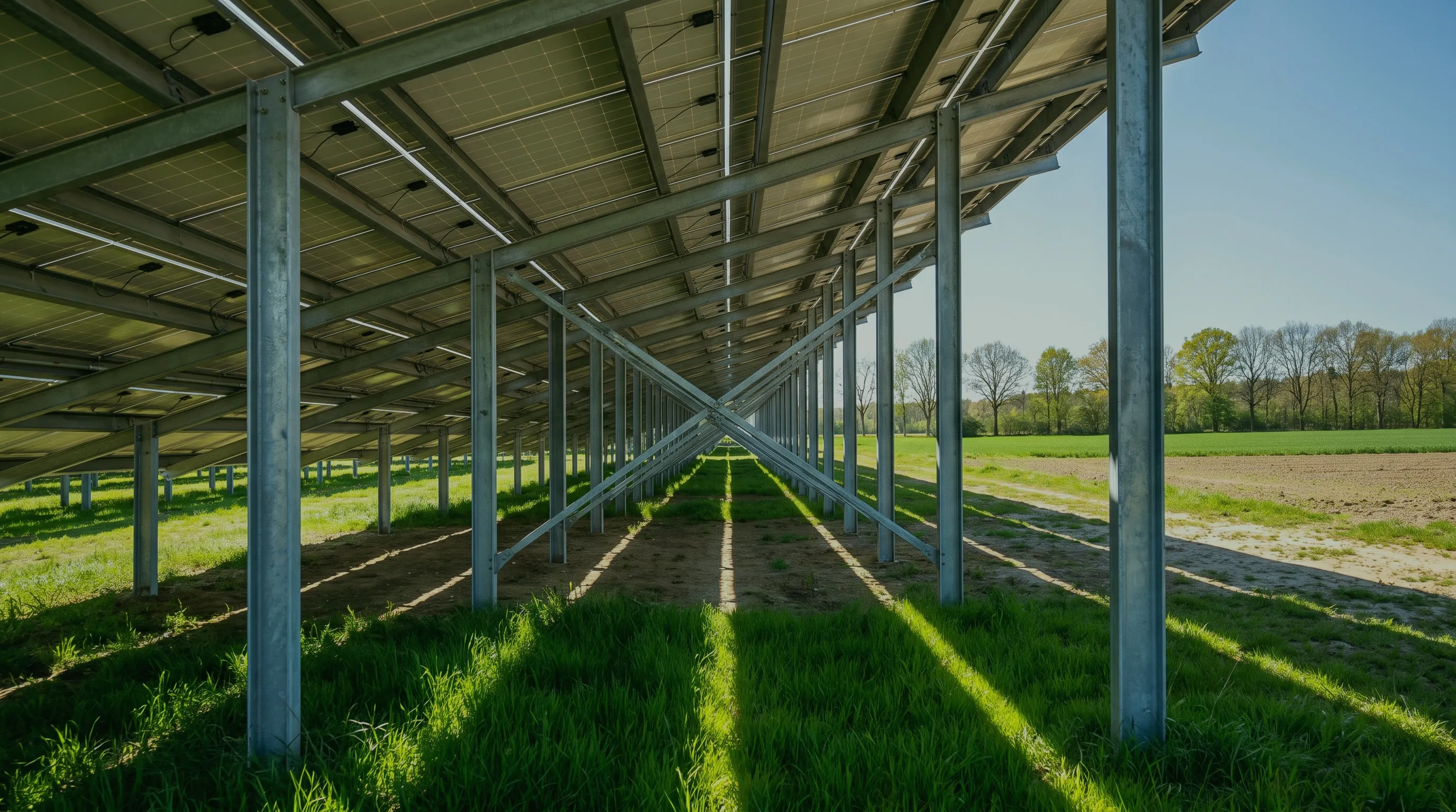 Blick unter die aufgeständerten Modulreihen einer Solaranlage, die Stützen werfen lange Schatten auf das Gras