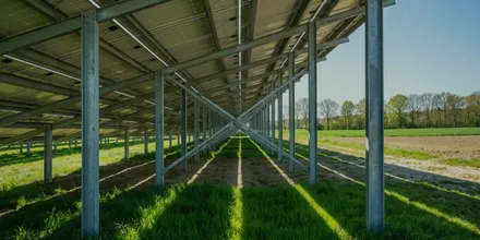 Blick unter die aufgeständerten Modulreihen einer Solaranlage, die Stützen werfen lange Schatten auf das Gras